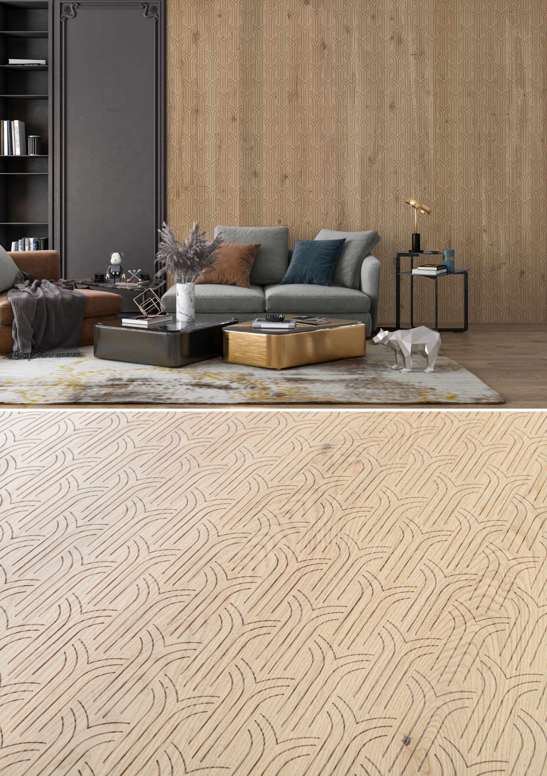 Laser-engraved wooden wall panels from the Stilart Wall Vertical Wood Design collection, featuring a geometric pattern in warm-toned timber, installed in a modern interior space with soft lighting.