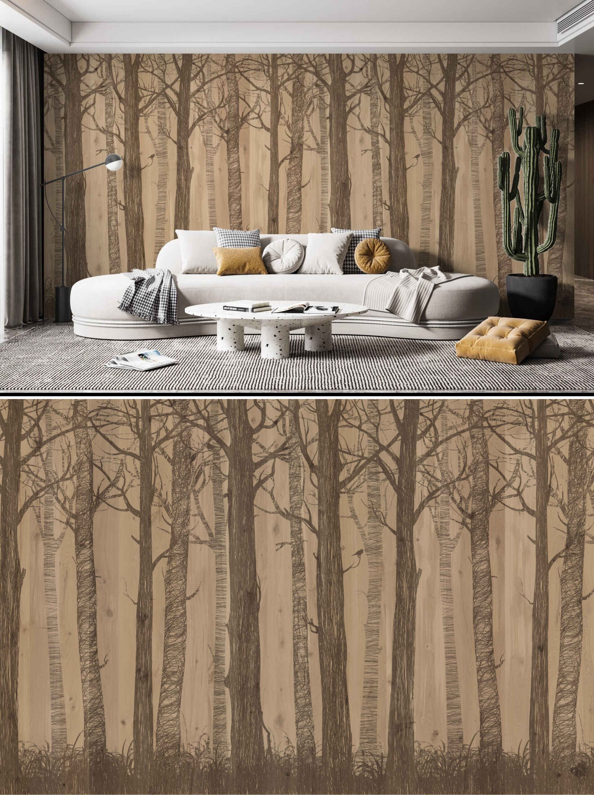 Laser-engraved wooden wall panels from the Stilart Wall Vertical Wood Design collection, featuring a detailed forest in warm-toned timber, installed in a modern interior space with soft lighting.