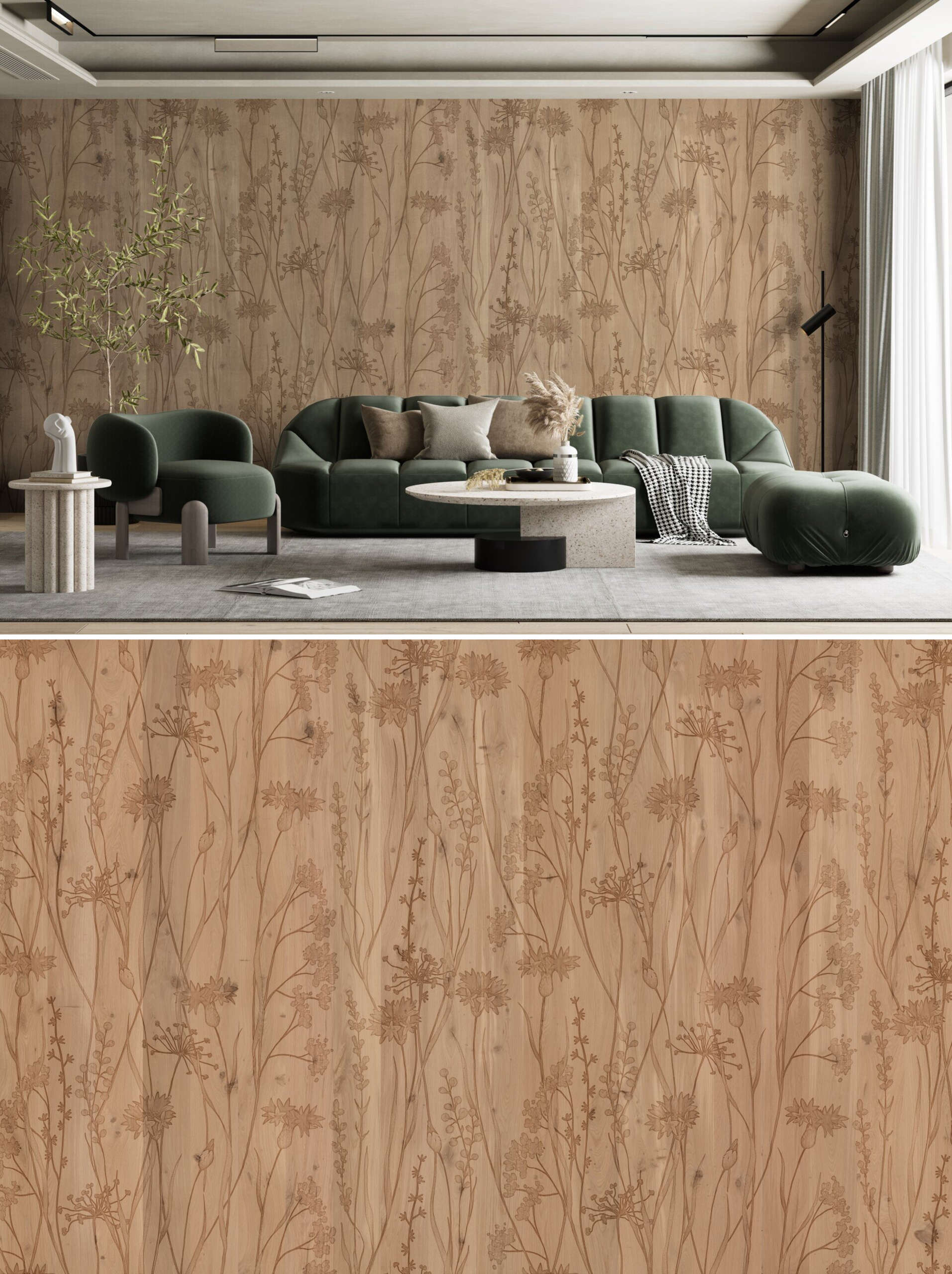 Laser-engraved wooden wall panels from the Stilart Wall Vertical Wood Design collection, featuring a detailed botanical pattern in warm-toned timber, installed in a modern interior space with soft lighting.