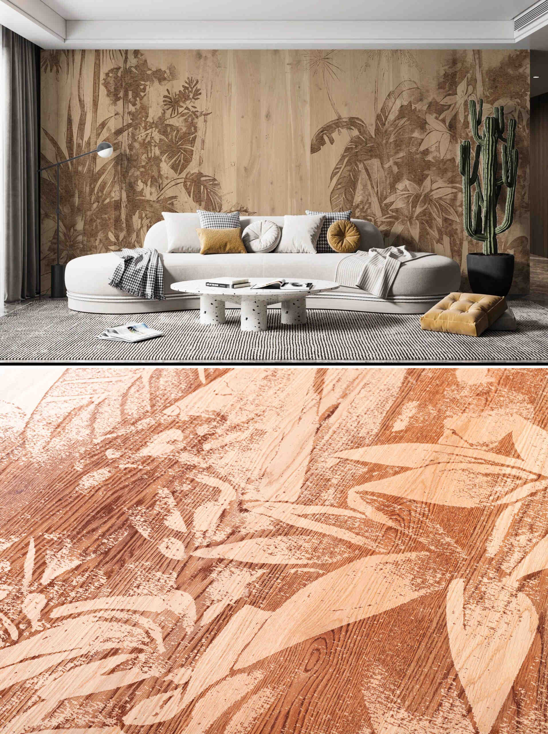 Laser-engraved wooden wall panels from the Stilart Wall Vertical Wood Design collection, featuring a detailed tropical pattern in warm-toned timber, installed in a modern interior space with soft lighting.