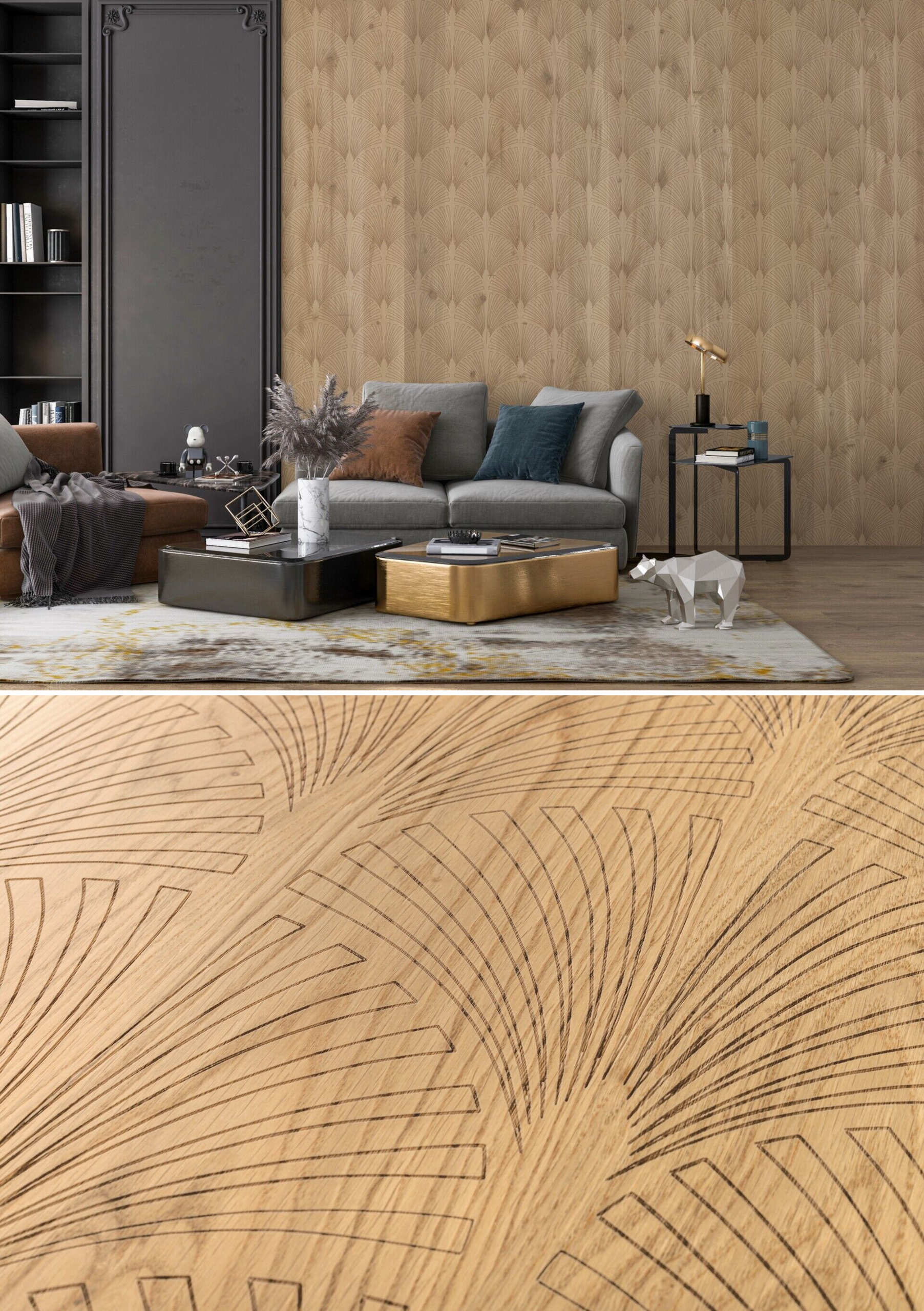 Laser-engraved wooden wall panels from the Stilart Wall Vertical Wood Design collection, featuring a detailed pattern in warm-toned timber, installed in a modern interior space with soft lighting.