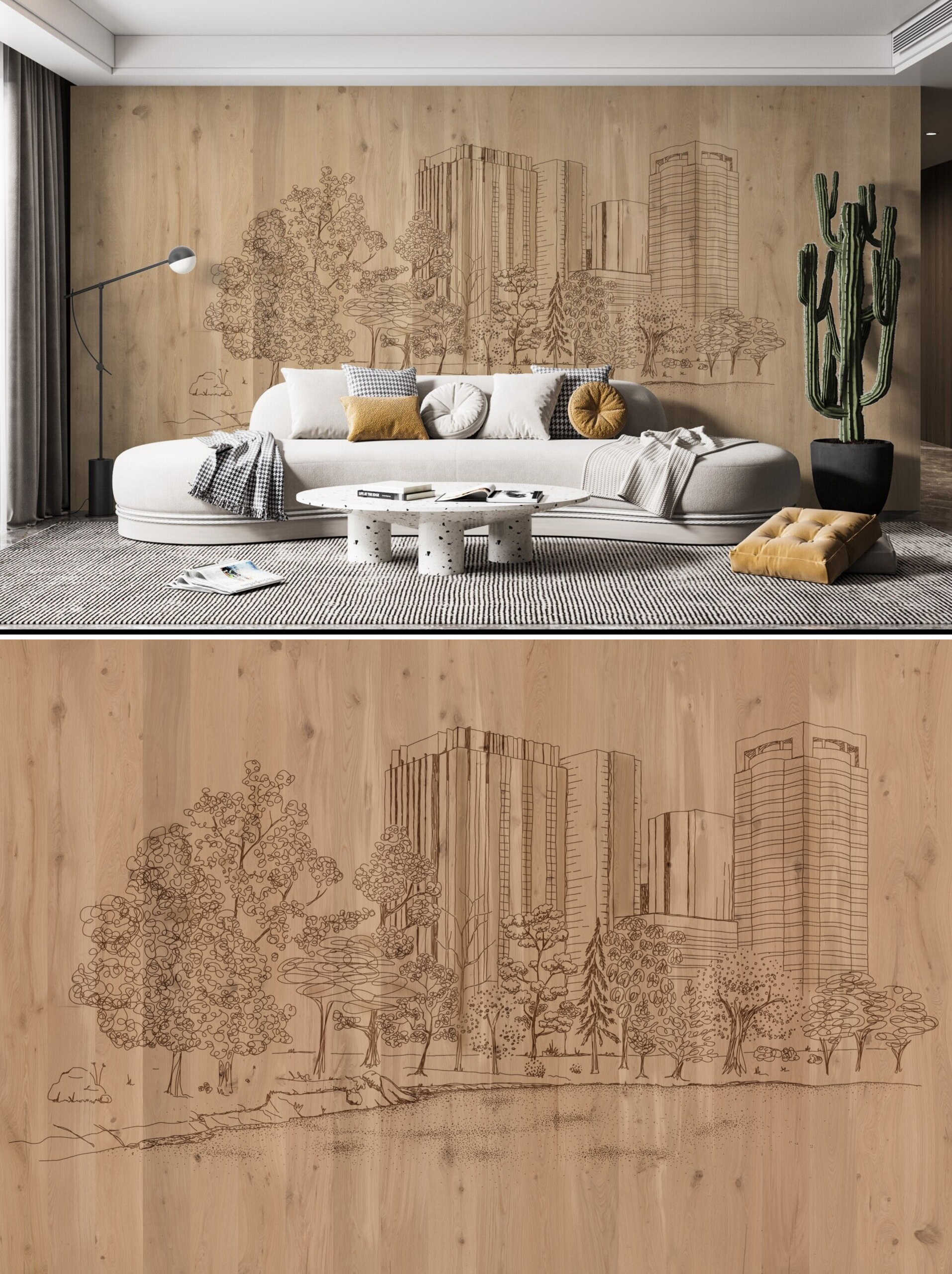 Laser-engraved wooden wall panels from the Stilart Wall Vertical Wood Design collection, featuring a detailed skyline pattern in warm-toned timber, installed in a modern interior space with soft lighting.