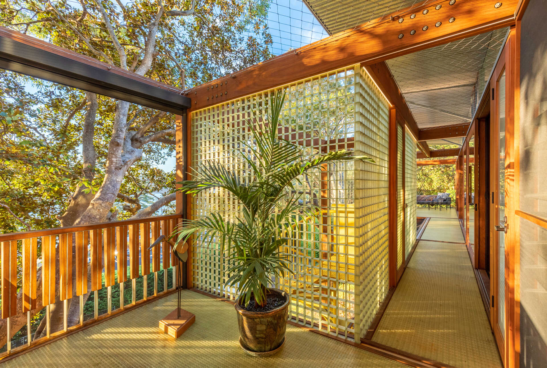 Surrounded by trees and filtered sunshine, the open outdoor corridor feels like part garden path, part gallery, connecting spaces with calm and a quiet rhythm of its own.