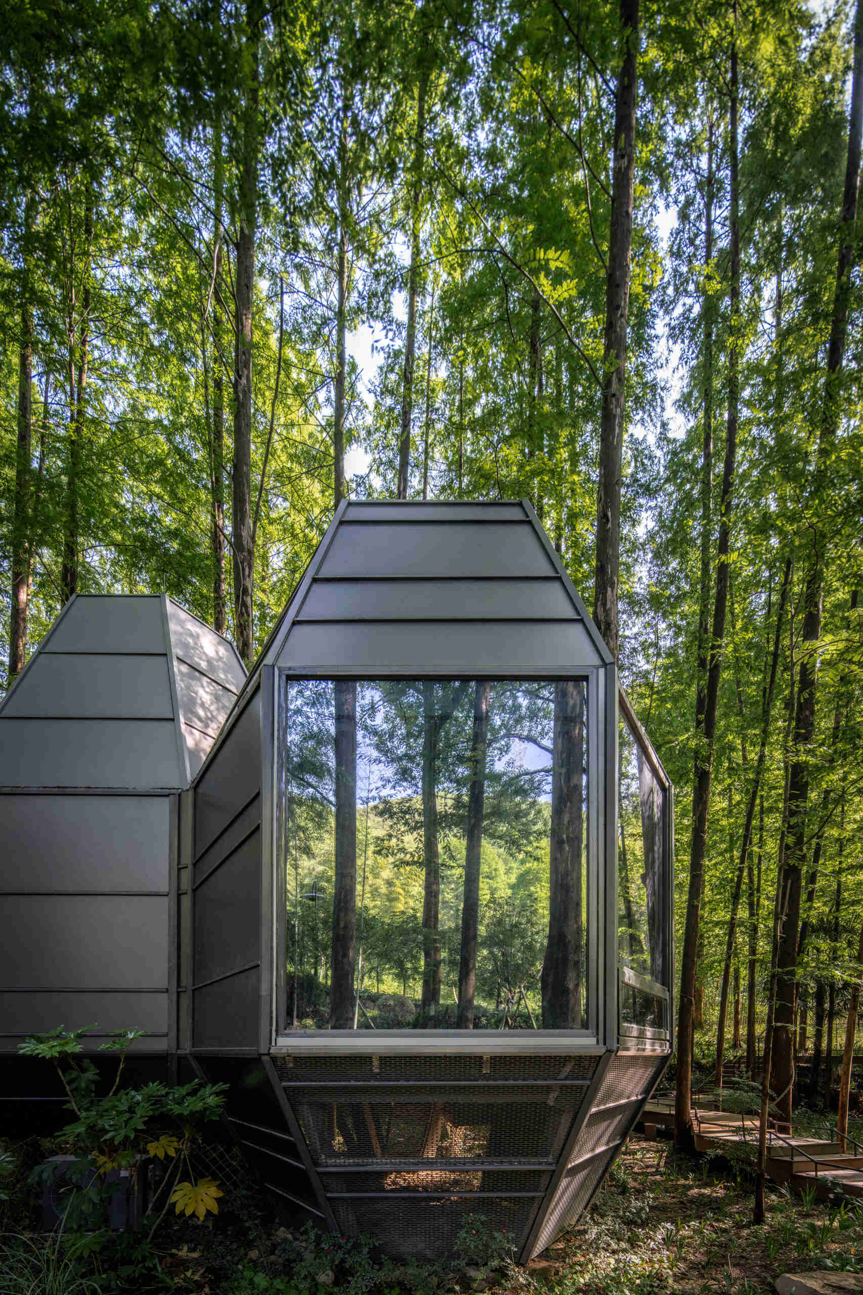 Lightweight and modular, these cabins take cues from pinecones and tree forms. Elevated design preserves the forest floor, while angled rooflines echo the grove’s vertical rhythm.
