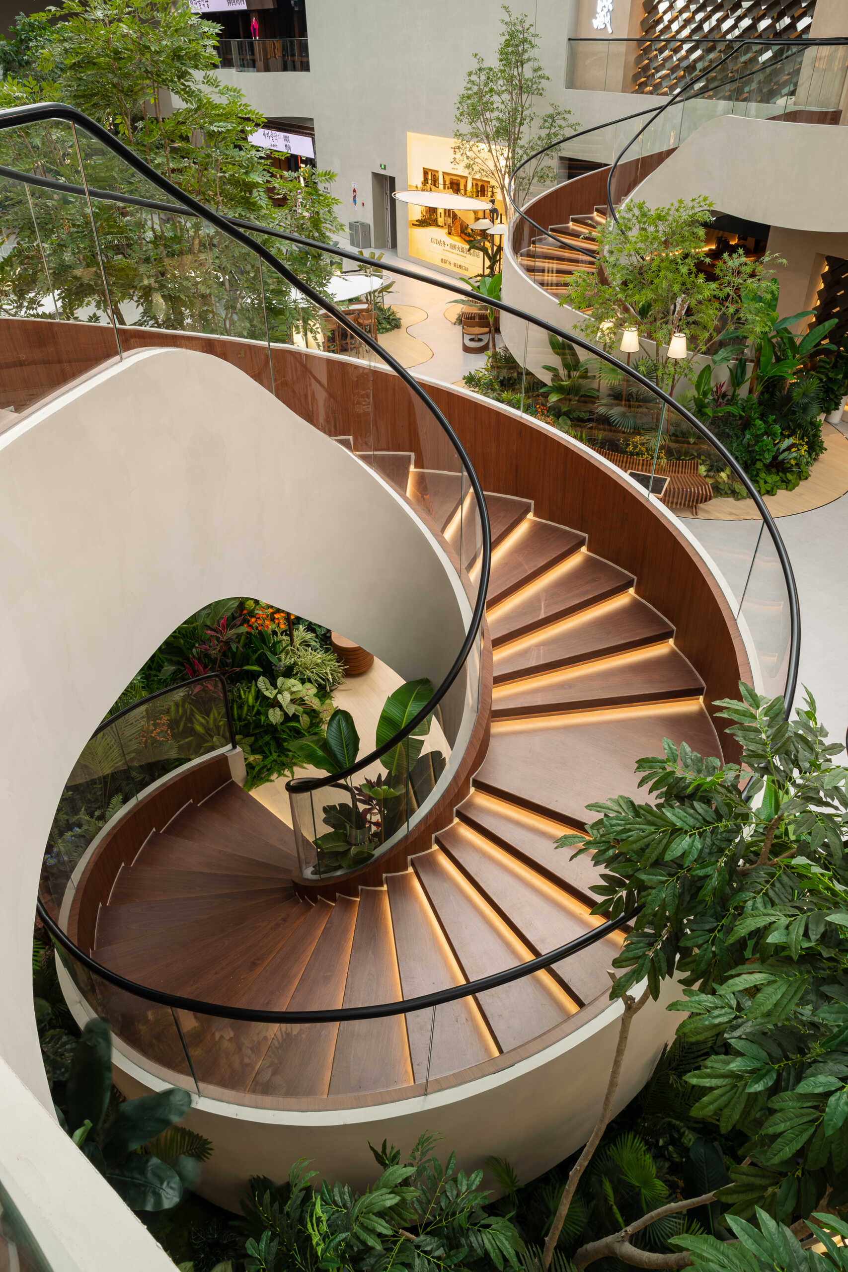 A pair of vine-like spiral staircase rises gracefully through the atrium, serving as both a sculptural element and a gentle transition between floors. Light, fluid, and rooted in the garden aesthetic.
Under-stair lighting adds a gentle glow to each tread, guiding movement without disrupting the calm atmosphere. Subtle, functional, and beautifully integrated into the space.
