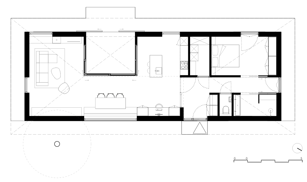 The floor plan of a modern one bedroom home.