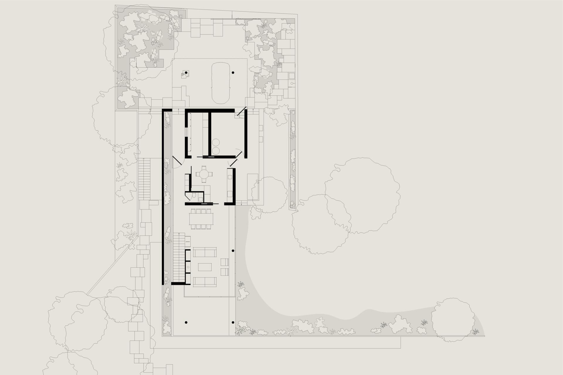 Floor plan for a modern home built into the hillside.