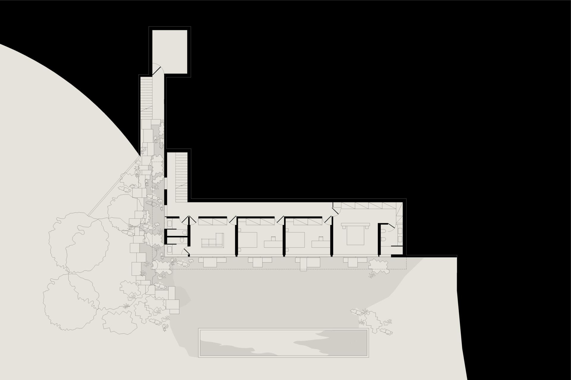 Floor plan for a modern home built into the hillside.