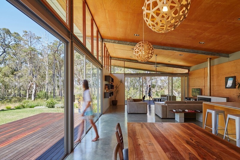 Timber-lined ceilings, a rammed earth wall, and natural materials create a warm, open interior that feels both grounded and connected to the bush.