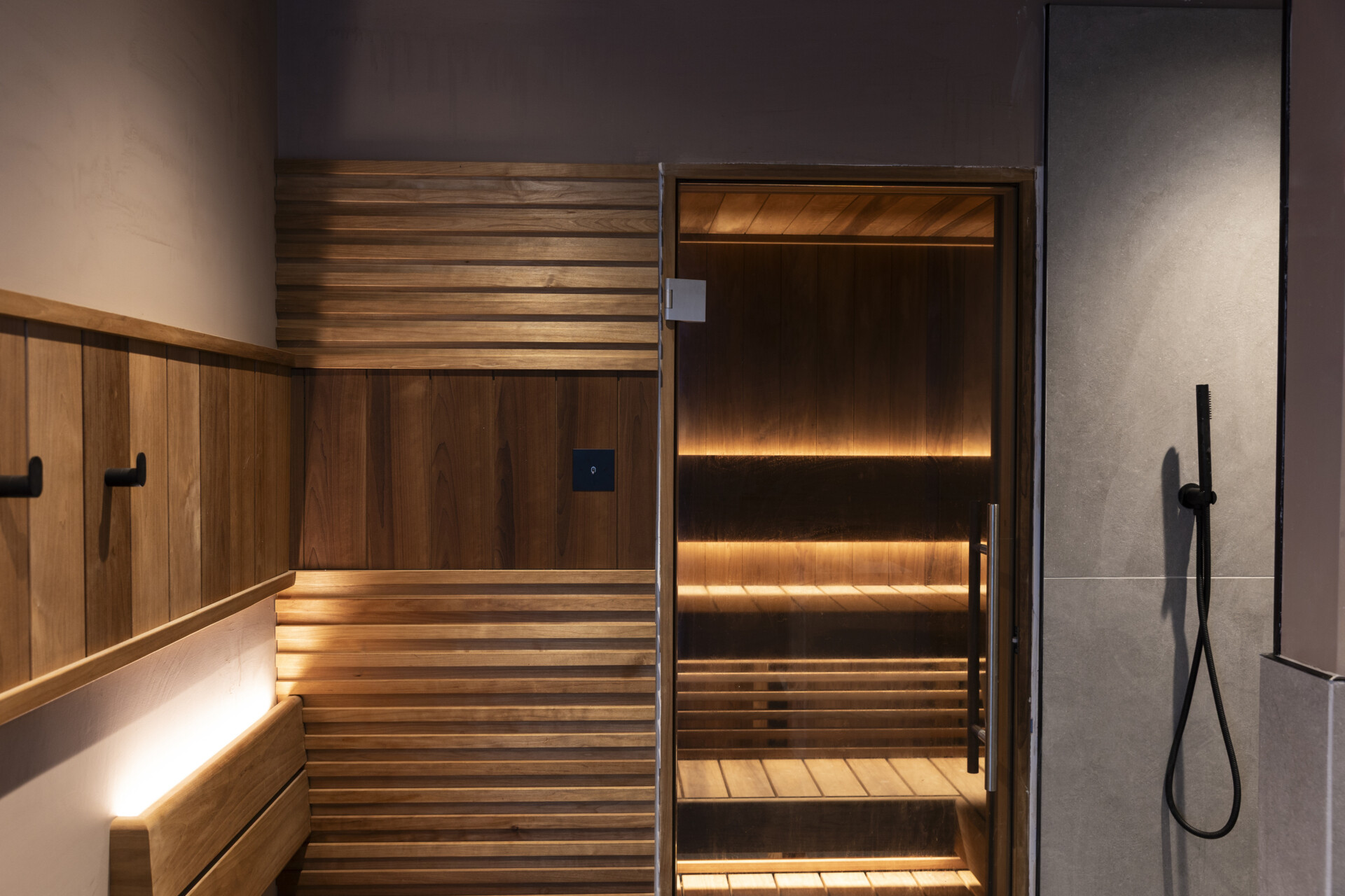 A private sauna, a calming, wellness-focused escape that reflects the owners’ emphasis on lifestyle and comfort