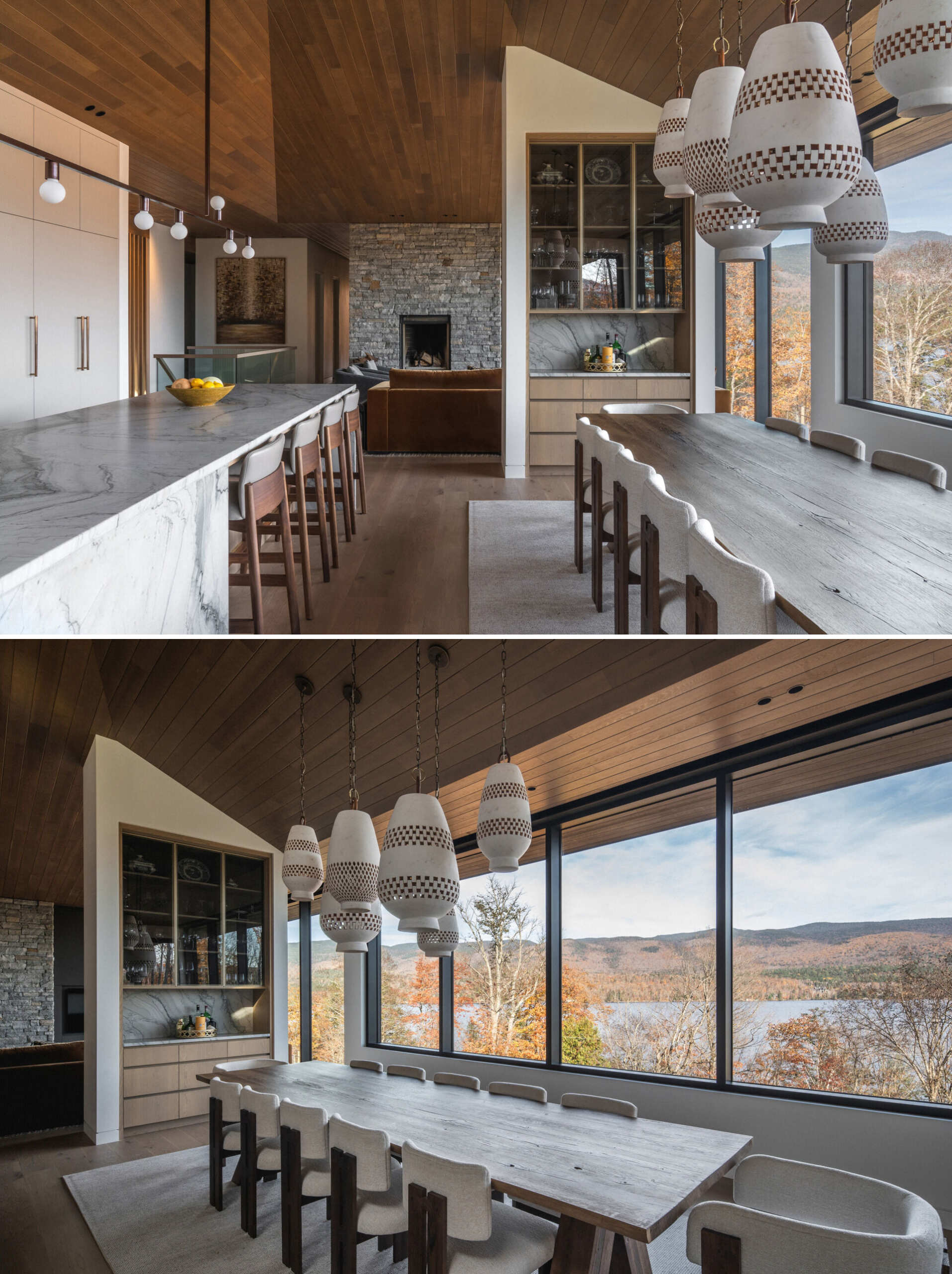 A custom cabinet divides the dining area from the living room, adding both intimacy and sculptural presence. Materials and finishes draw from the surrounding forest, bringing cohesion to the interiors.