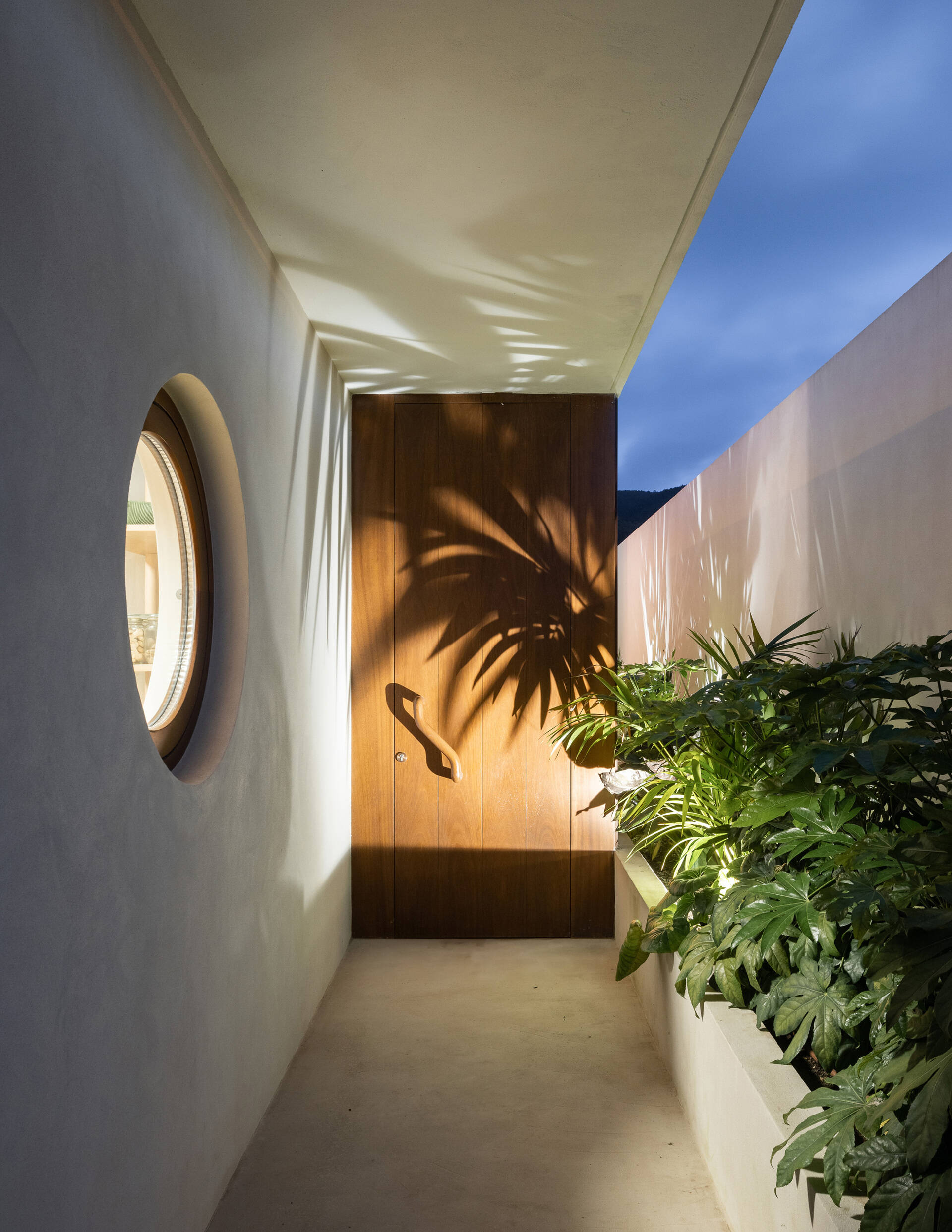 The rich wood front door, with its sculptural handle, brings warmth and artistry to the minimalist entry. A round window adds a hint of curiosity, letting soft light spill through and creating a sense of welcome.