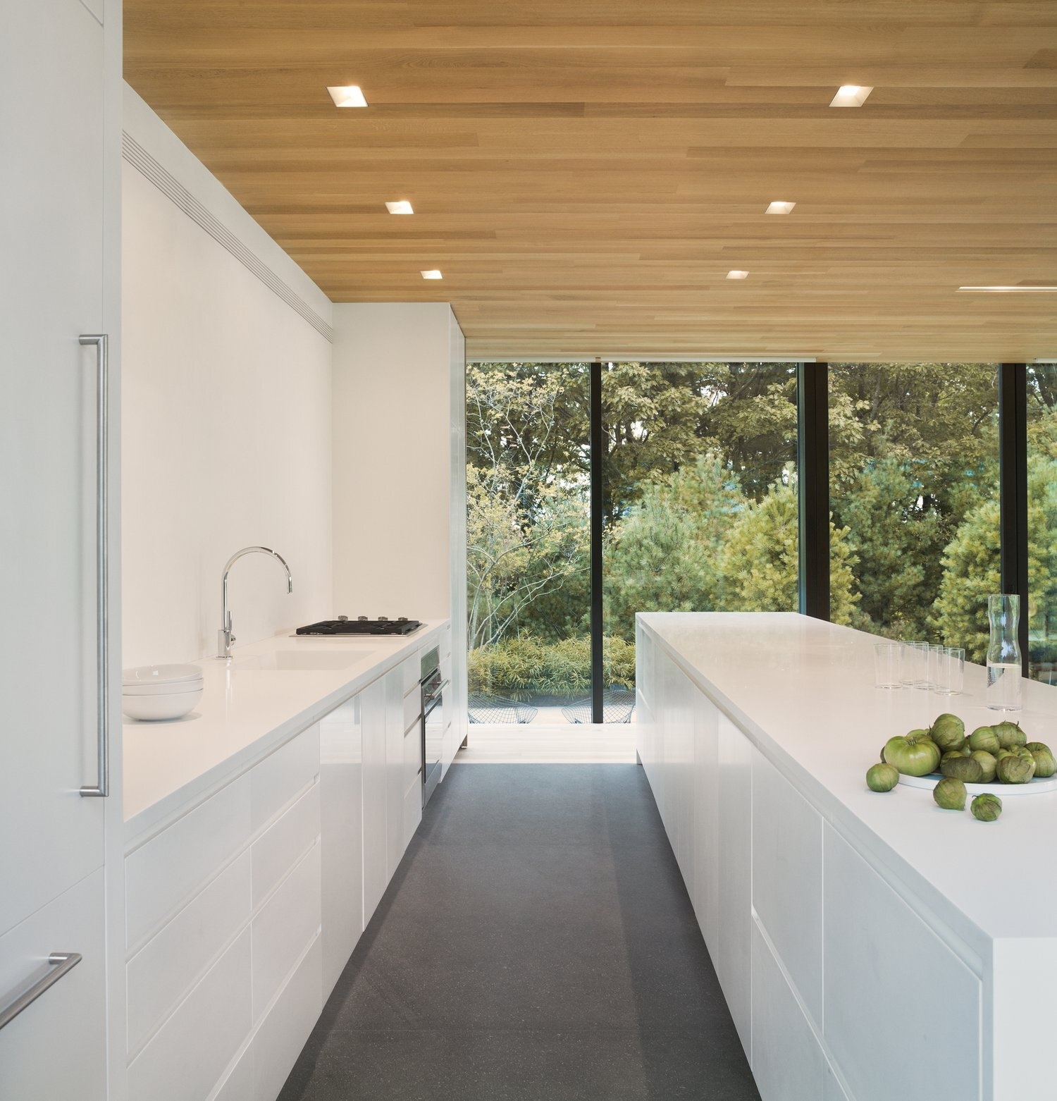 This sleek white kitchen pairs minimalist cabinetry with a warm wood ceiling and panoramic views through expansive glass walls.