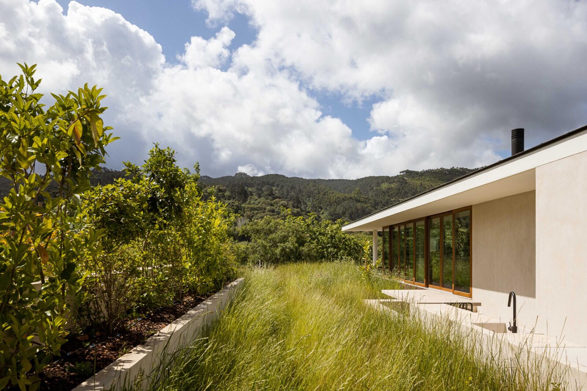 This hillside home uses the natural slope to its advantage. Half-buried and minimal in form, it blends seamlessly with its environment. The green roof disappears into the landscape, helping regulate temperature while softening the structure’s visual impact.