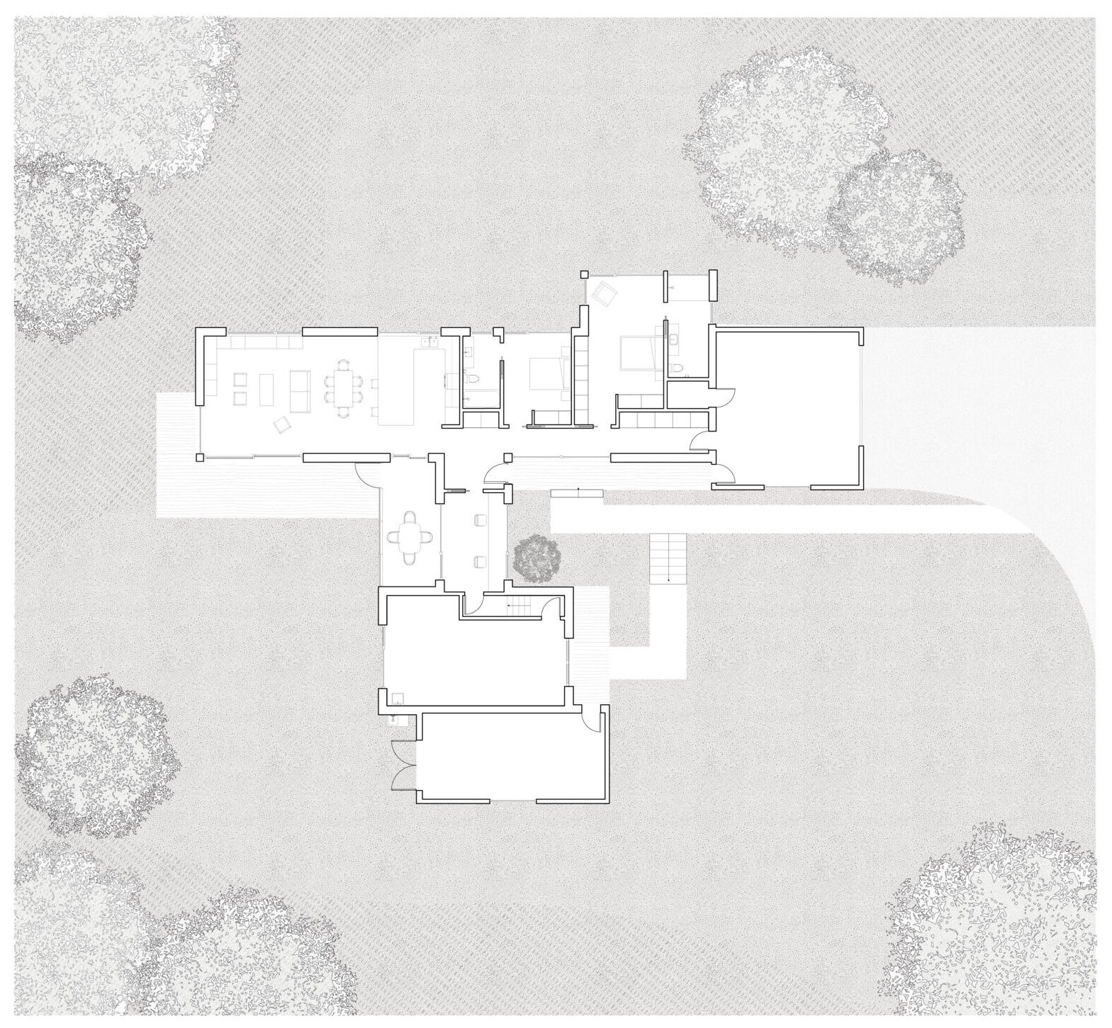 Site plan, section, and floor plan drawings show how this riverside home balances solar strategy, energy performance, and everyday function.
