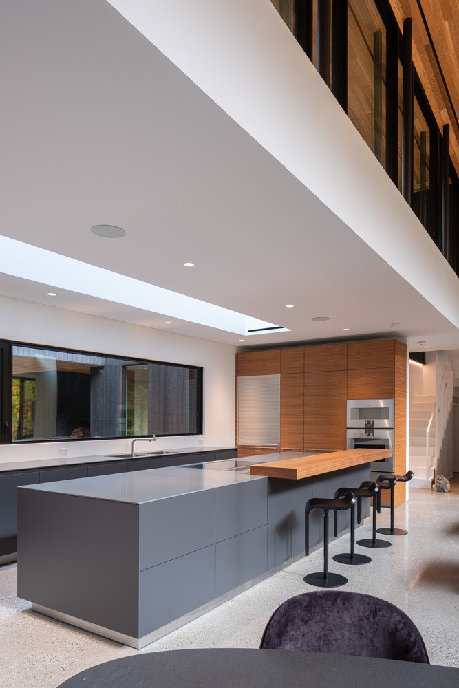 Sleek cabinetry, warm wood accents, and skylit ceilings define this modern kitchen.
