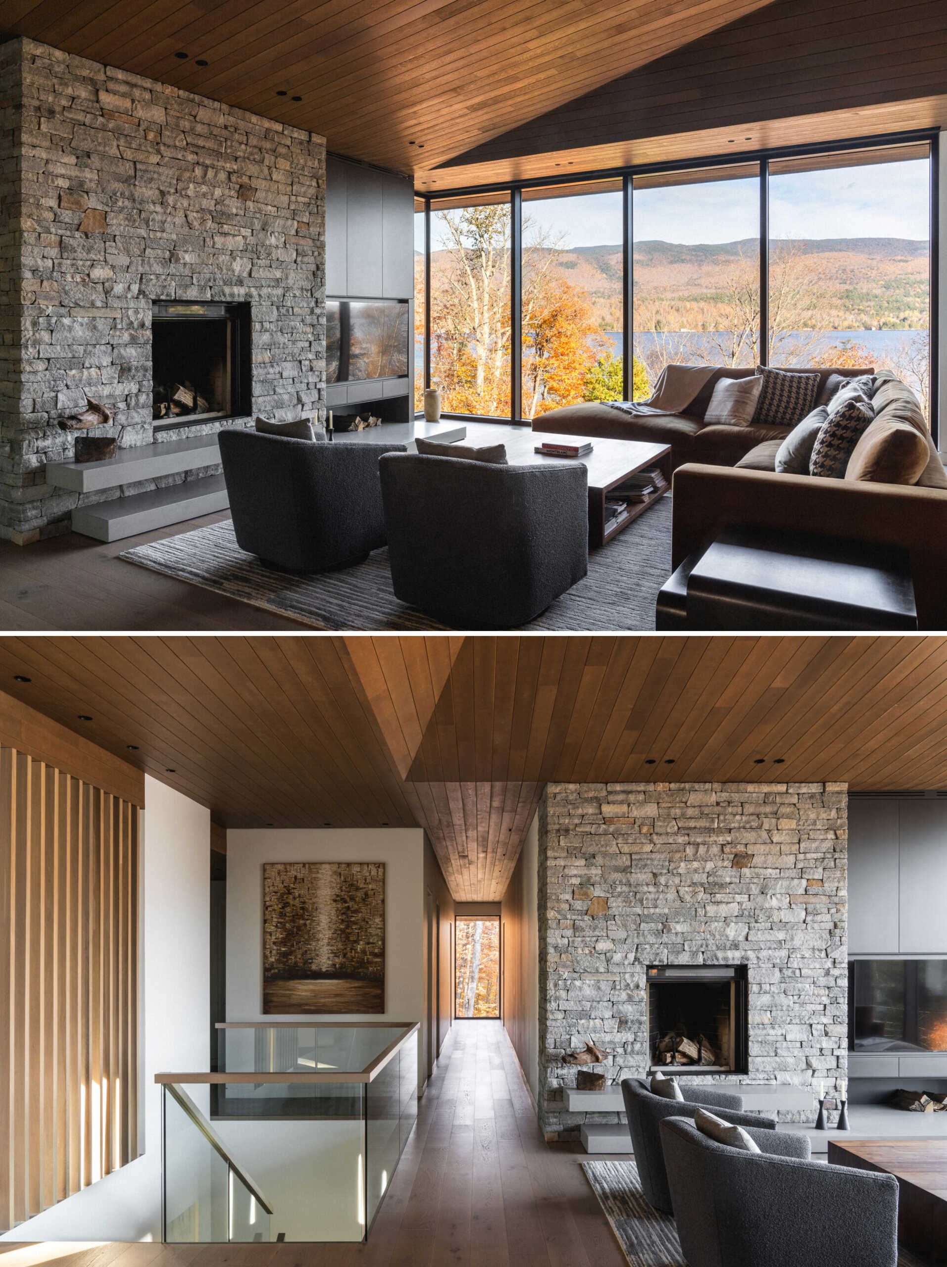 Inside this modern home, the main living area features a stone fireplace beneath a richly paneled wood ceiling. Framed by large windows, the room offers unobstructed views of Mont Tremblant and the lake, creating a calm, central gathering space.