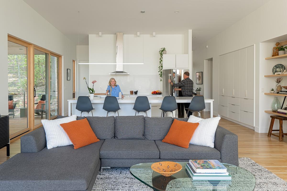 A modern plan interior with the living room and kitchen sharing the space.