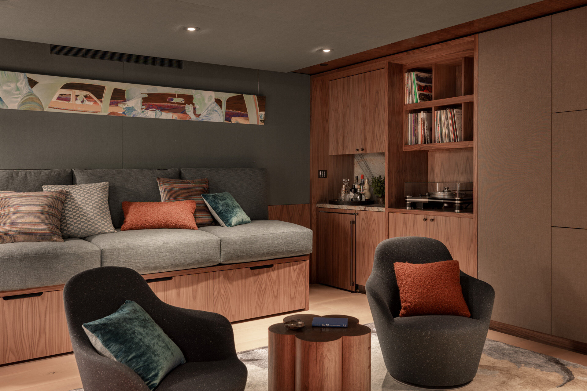This media room is acoustically optimized for both two-channel audio and surround sound. From isolation treatments to reflection panels and tuned speakers, it is a cinematic cocoon made for immersive experiences.