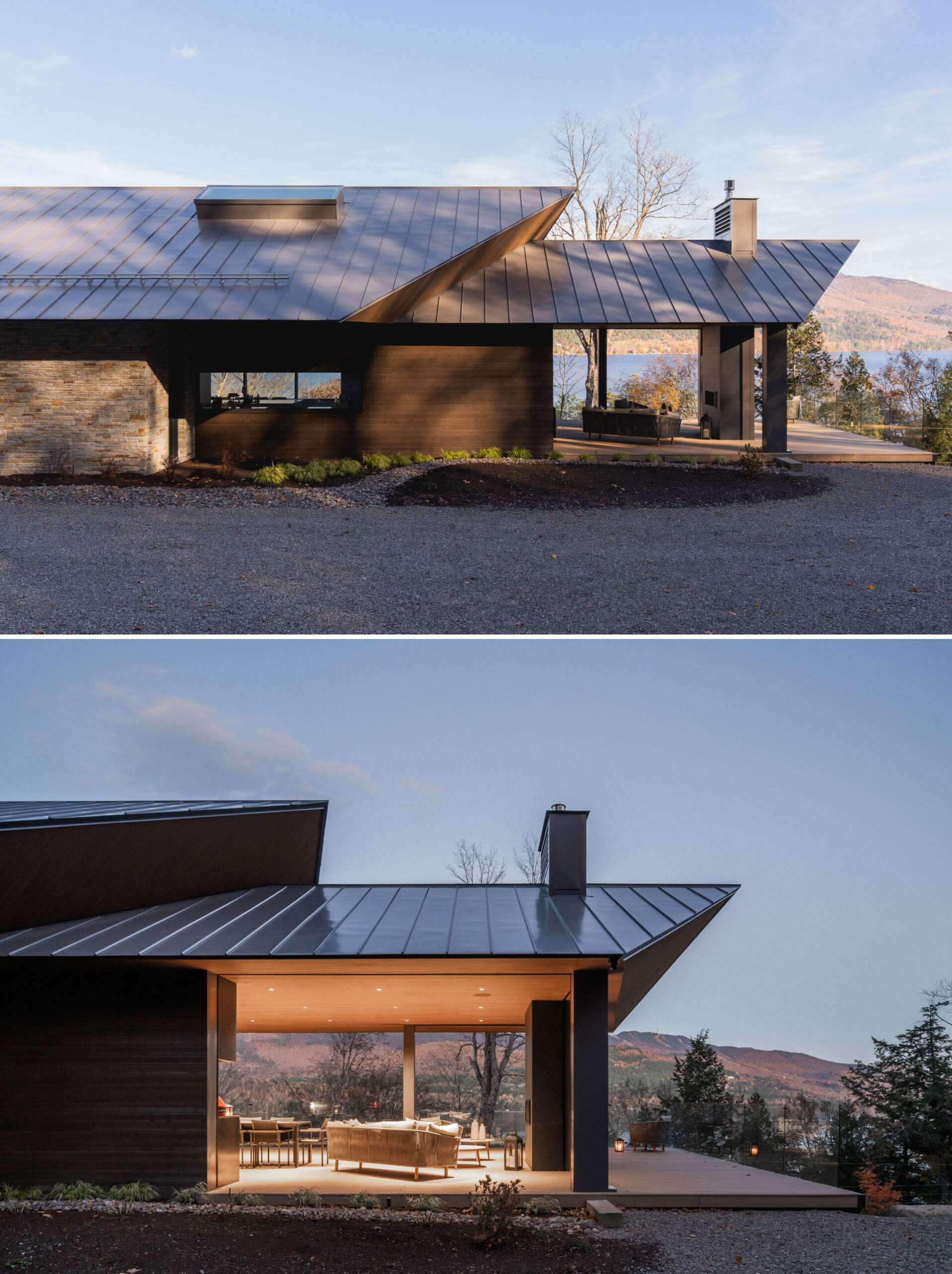 A covered terrace at the entrance is enclosed with retractable insect screens, creating a sheltered space that opens fully to lake views. This area sets the tone for the home's integration of interior comfort with the outdoor setting.