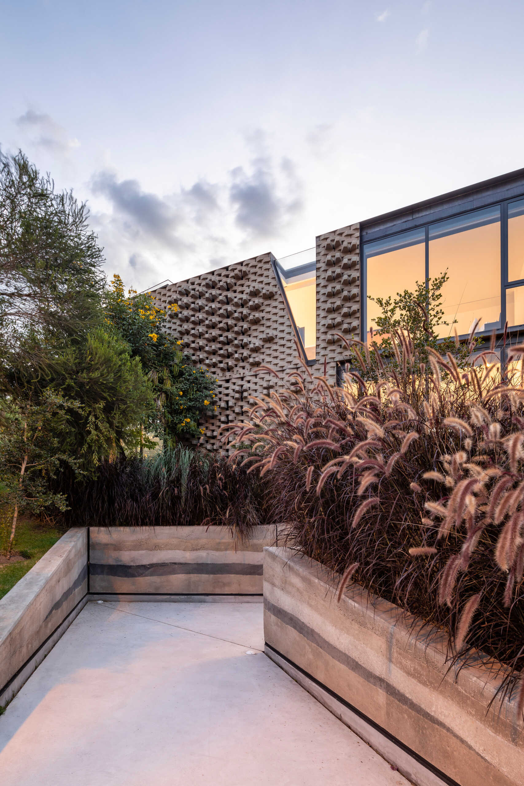 The entry path is carved through sculpted mounds of native plants, leading to a monumental rammed earth wall. It feels like a rediscovered trail through the Andes.