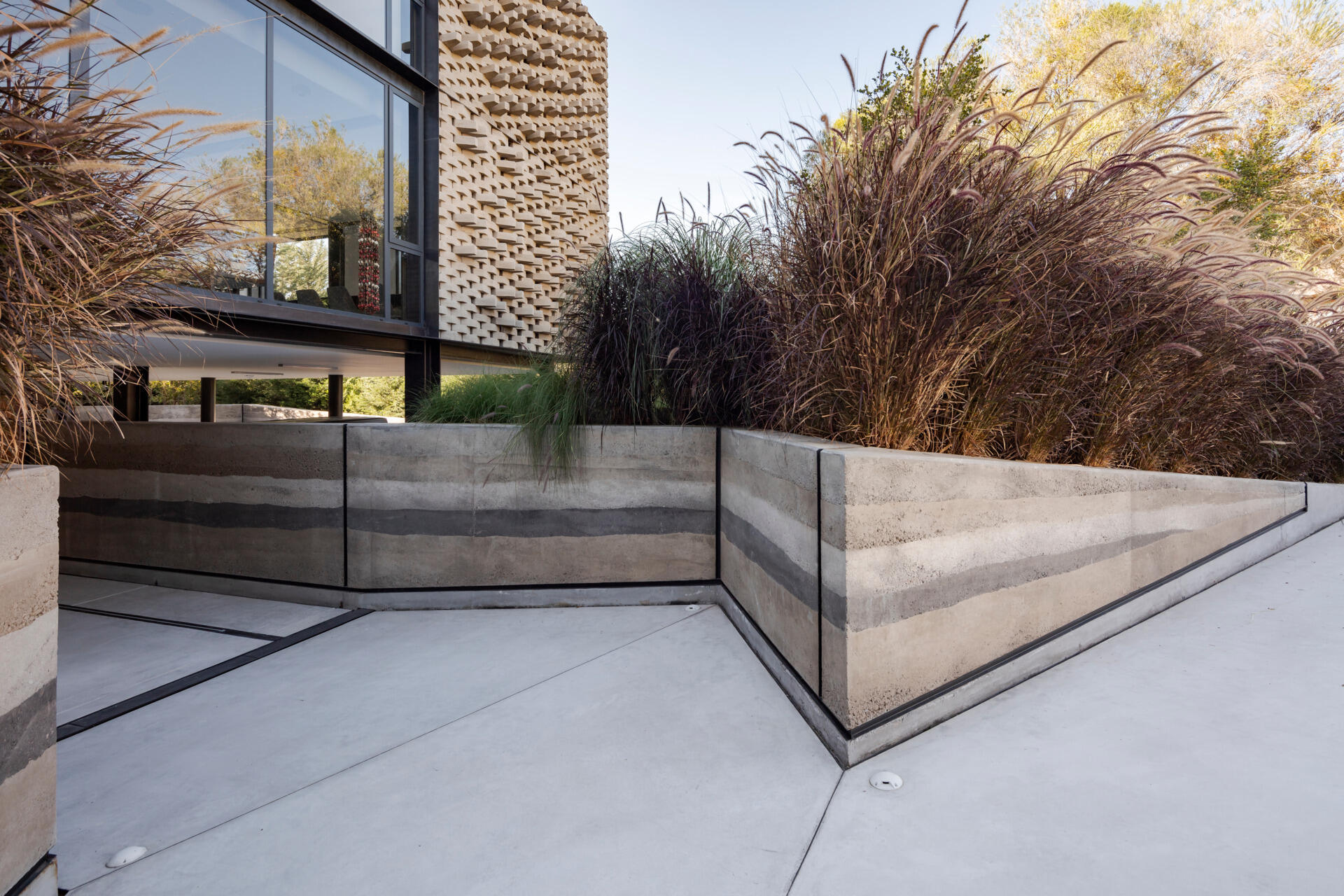 The entry path is carved through sculpted mounds of native plants, leading to a monumental rammed earth wall. It feels like a rediscovered trail through the Andes.