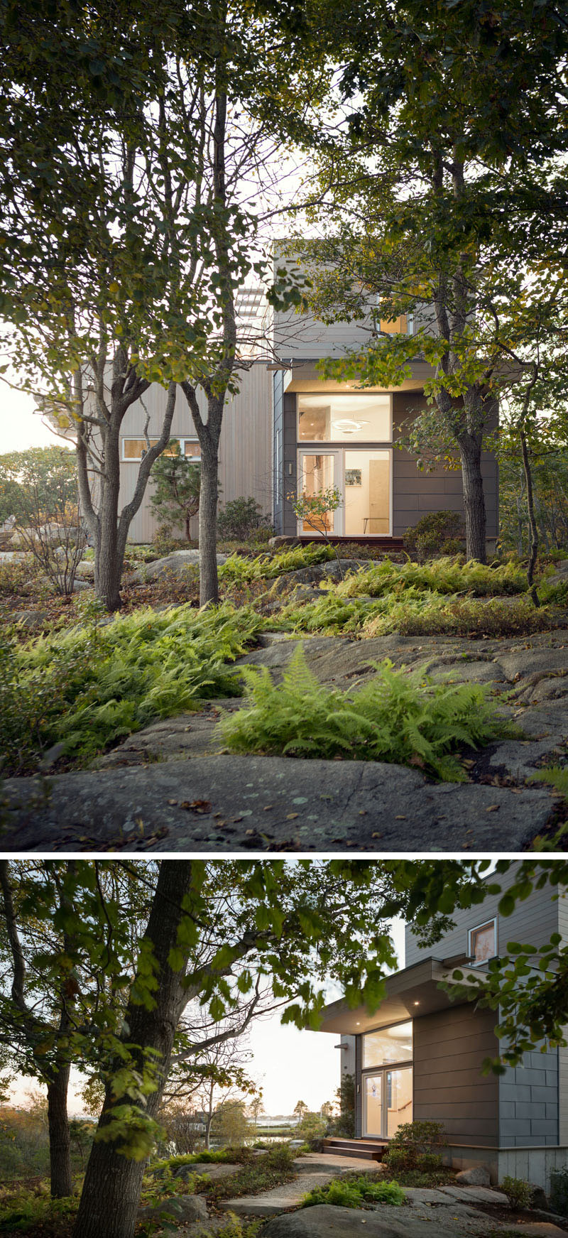 Wrapped in cedar and zinc that age to silver gray, the home blends seamlessly with its rocky setting beside the pond and ocean.