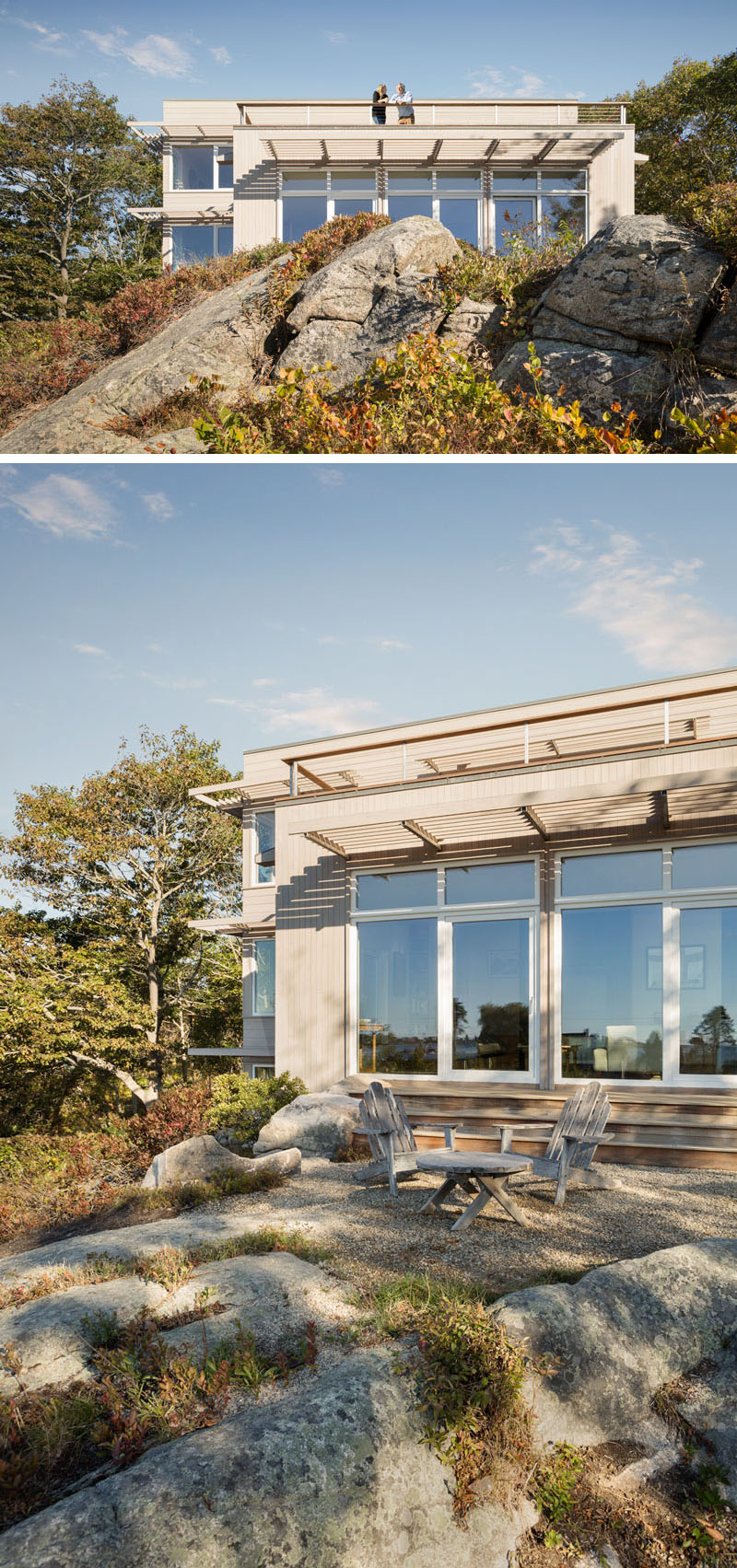 Wrapped in cedar and zinc that age to silver gray, the home blends seamlessly with its rocky setting beside the pond and ocean.