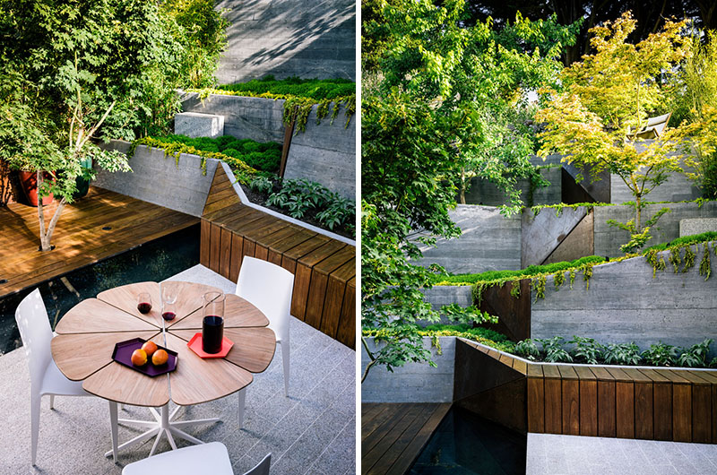 A narrow, sloped backyard is transformed into a Zen-like garden retreat with a winding ramp, concrete terraces, and layered plantings. It also features a reflecting pool, Japanese maples, and panoramic views.