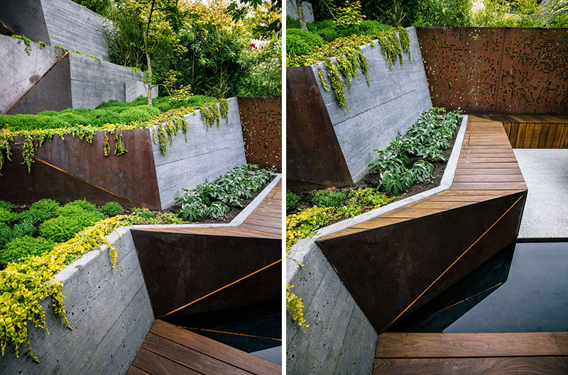 A narrow, sloped backyard is transformed into a Zen-like garden retreat with a winding ramp, concrete terraces, and layered plantings. It also features a reflecting pool, Japanese maples, and panoramic views.