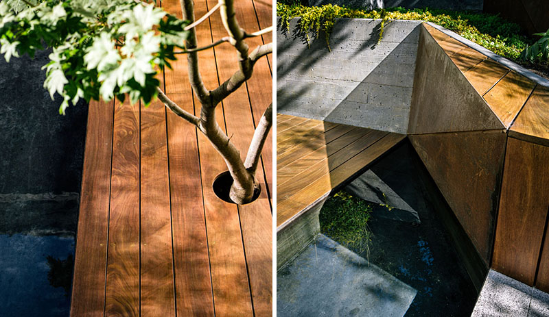 A narrow, sloped backyard is transformed into a Zen-like garden retreat with a winding ramp, concrete terraces, and layered plantings. It also features a reflecting pool, Japanese maples, and panoramic views.