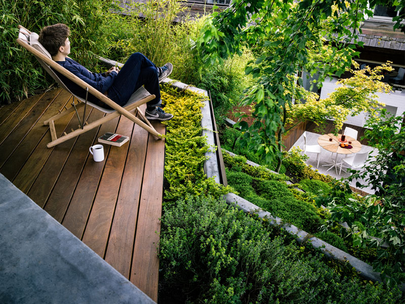 A narrow, sloped backyard is transformed into a Zen-like garden retreat with a winding ramp, concrete terraces, and layered plantings. It also features a reflecting pool, Japanese maples, and panoramic views.