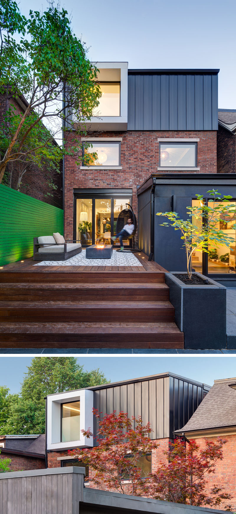 A peaceful deck with a fireplace creates an inviting outdoor retreat, framed by greenery and a large modern window above.