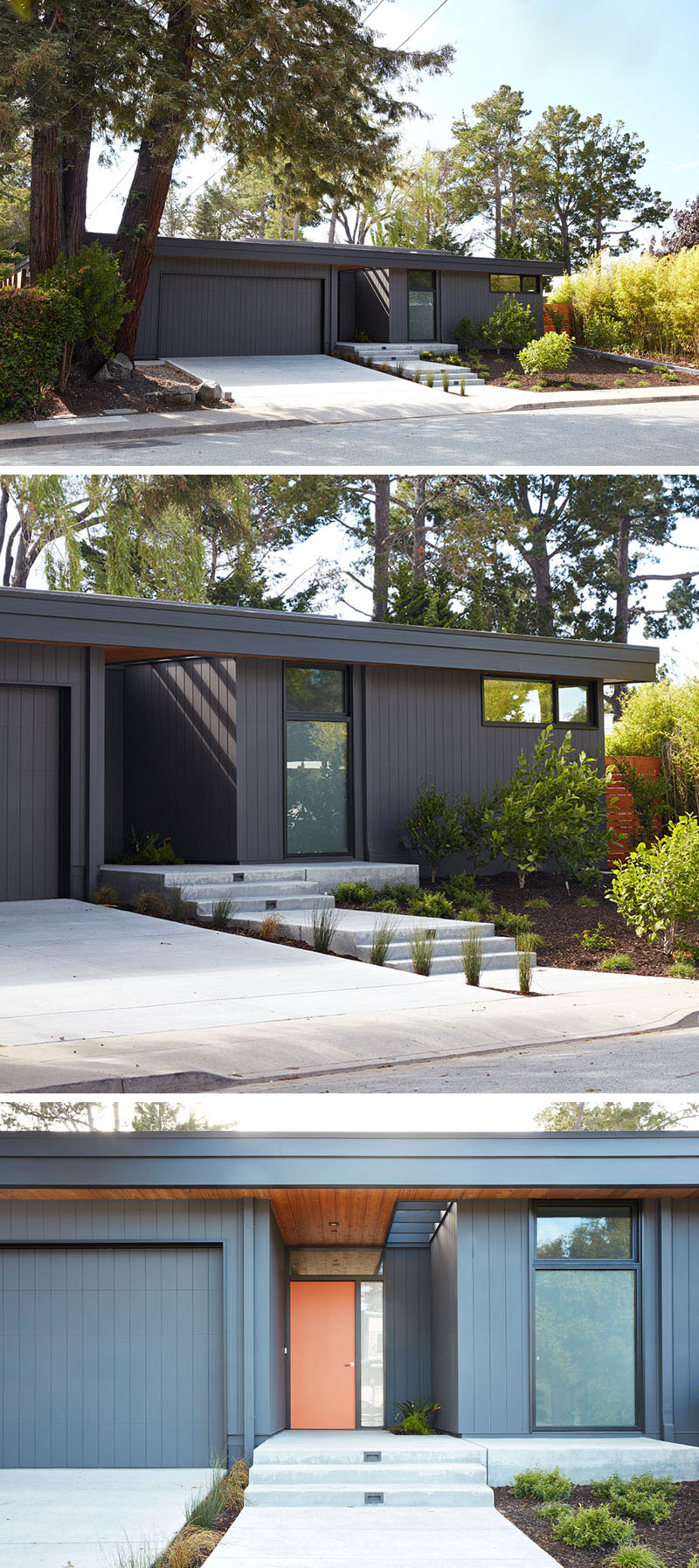 A mid-century modern inspired home with dark exterior, open interiors and a swimming pool.