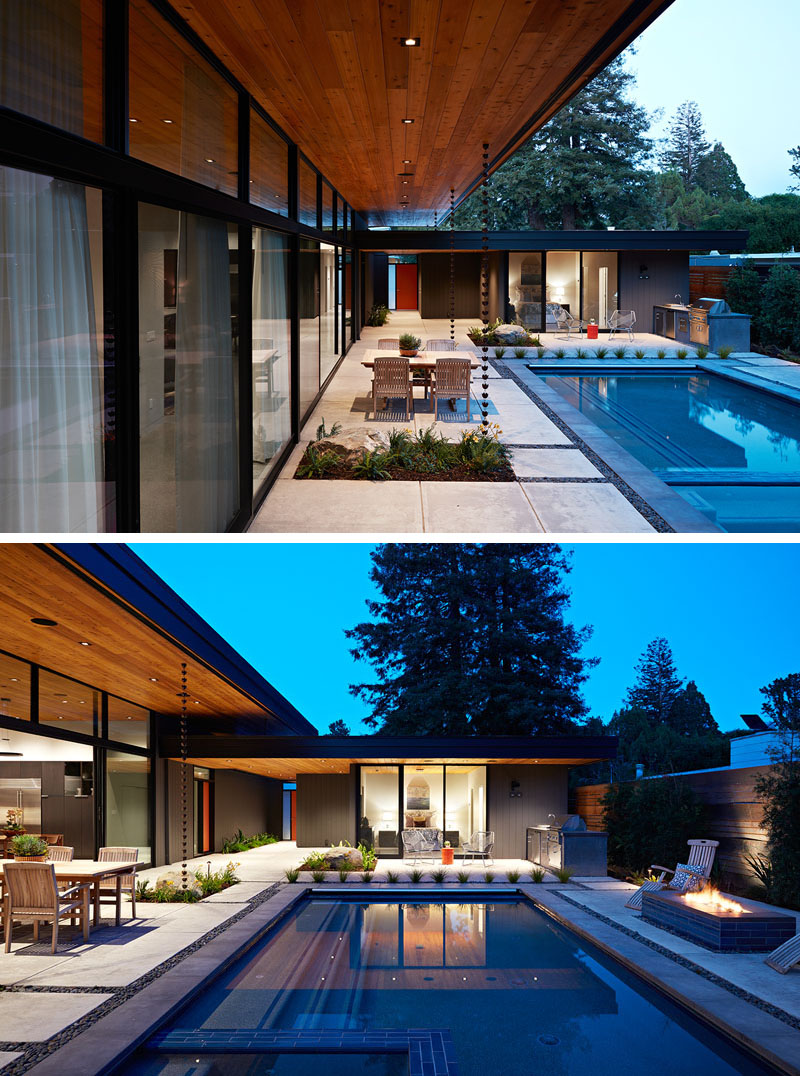 A mid-century modern inspired home with open interiors and a swimming pool.