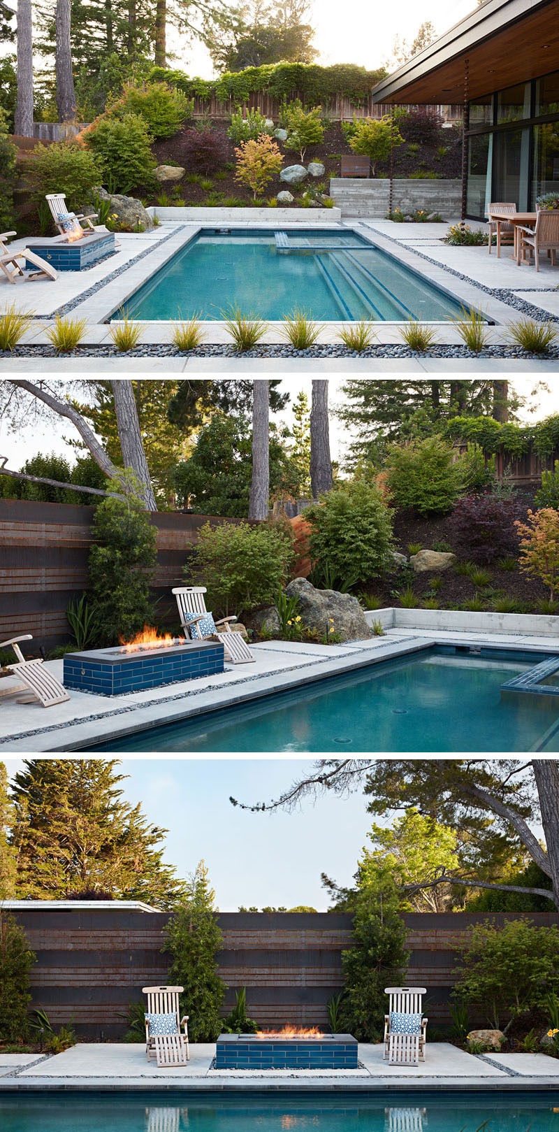 This house has a fully landscaped yard and includes a pool, firepit, barbeque, and a dedicated outdoor dining area, making it as much a living space as the interior.