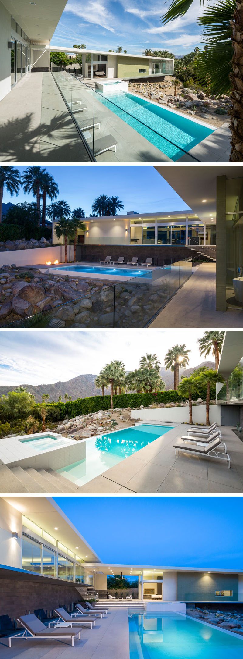 Stepping further down the slope, the swimming pool sits on a concrete deck. Sun loungers overlook a rock garden and the desert beyond, making this space both private and expansive.