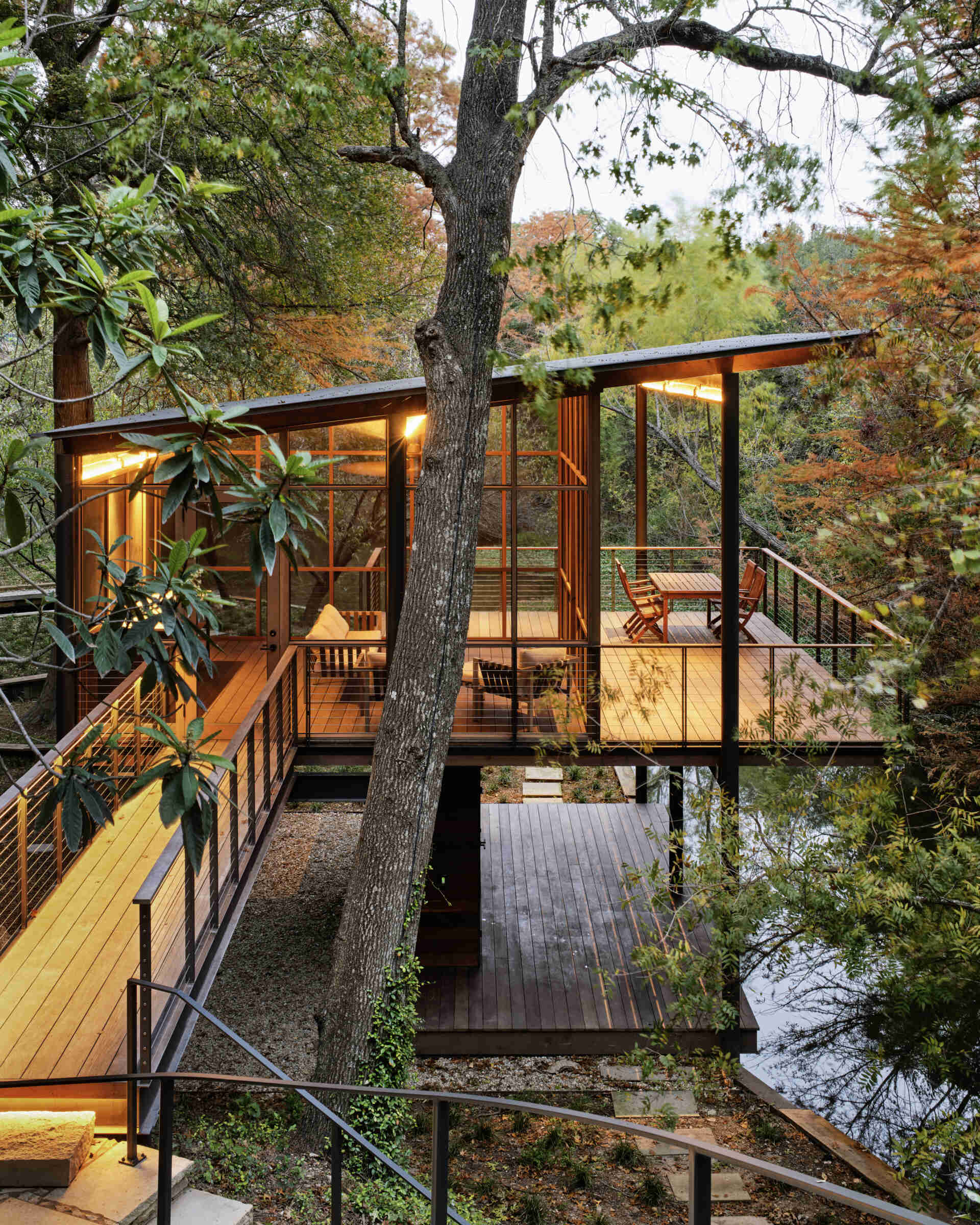 A modern structure designed for bird-watching and canoe/kayak storage, also provides access to the water.