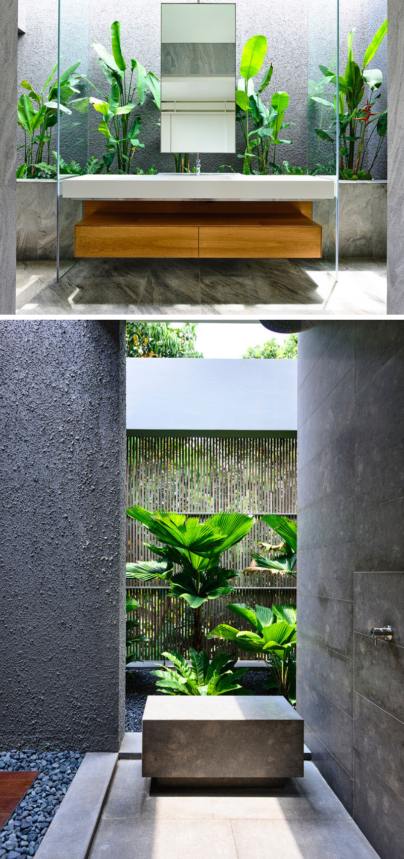 This modern bathroom embraces nature, with tropical plants integrated into the space to make it feel almost like an outdoor sanctuary.
