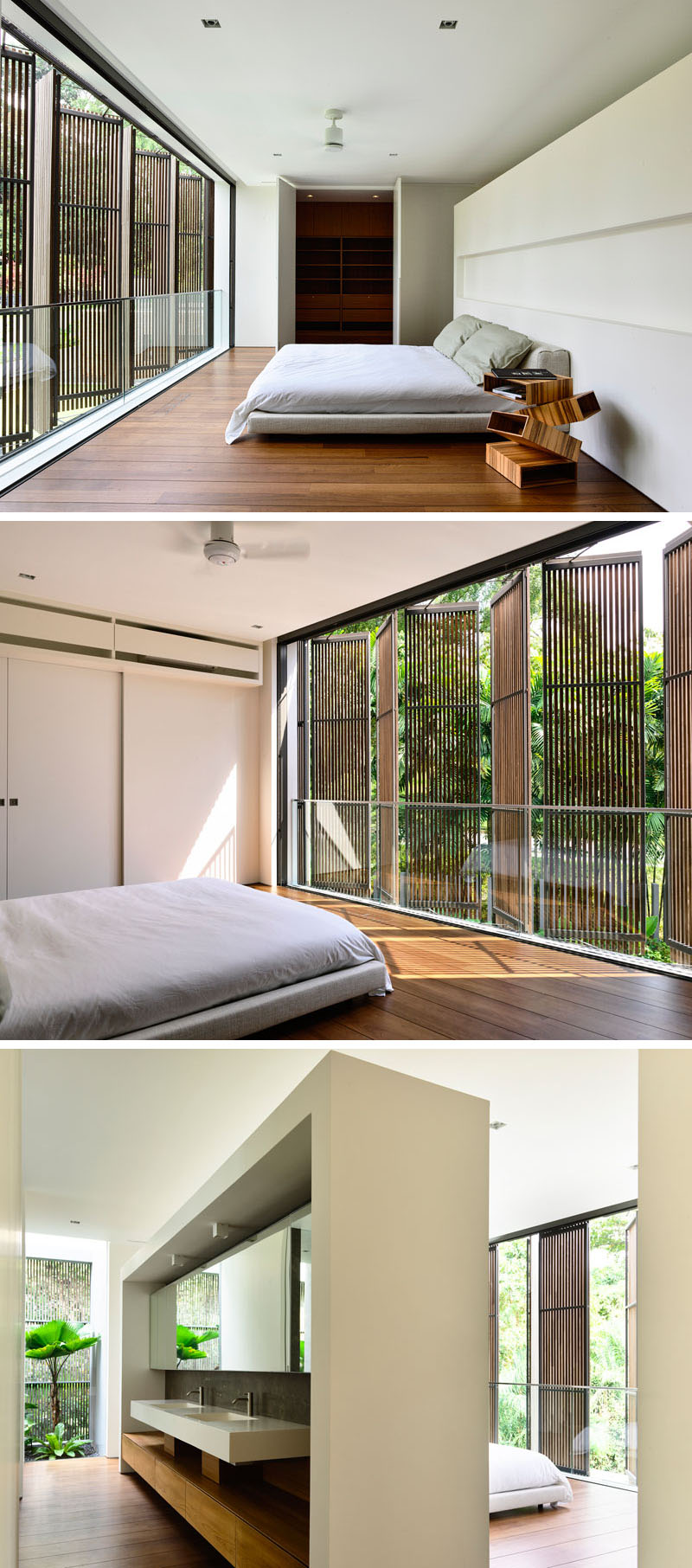 This modern bedroom includes wood shutters on the window for privacy and shade, while the back of the headboard cleverly doubles as the bathroom wall.