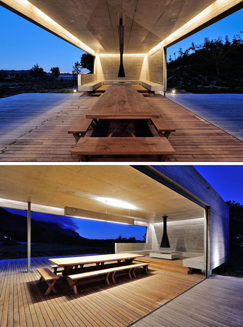 A concrete garden pavilion in Cape Town blends light, landscape, and modern materials with open-air living, seating zones, and an outdoor kitchen.