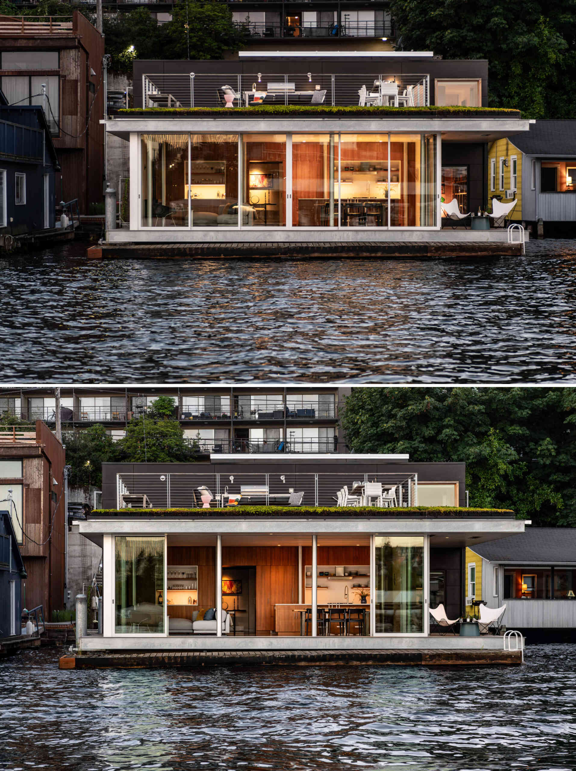 This modern floating home blends simplicity, water views, and flexible spaces with a rooftop deck and green roof.