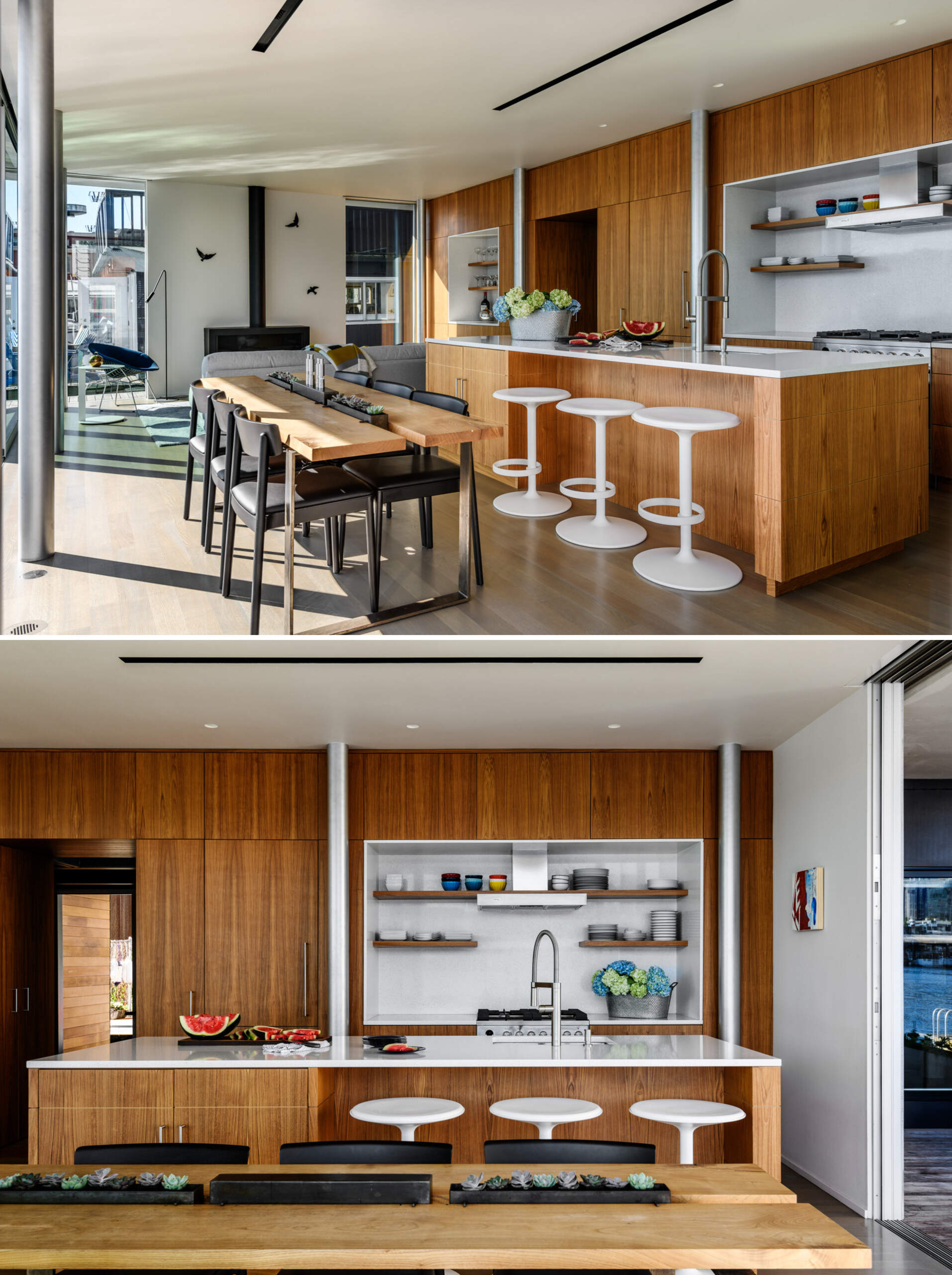 This cabinetry in the living room that lines the wall transitions to become the kitchen cabinets, while the dining area sits seamlessly between the kitchen island and the deck.