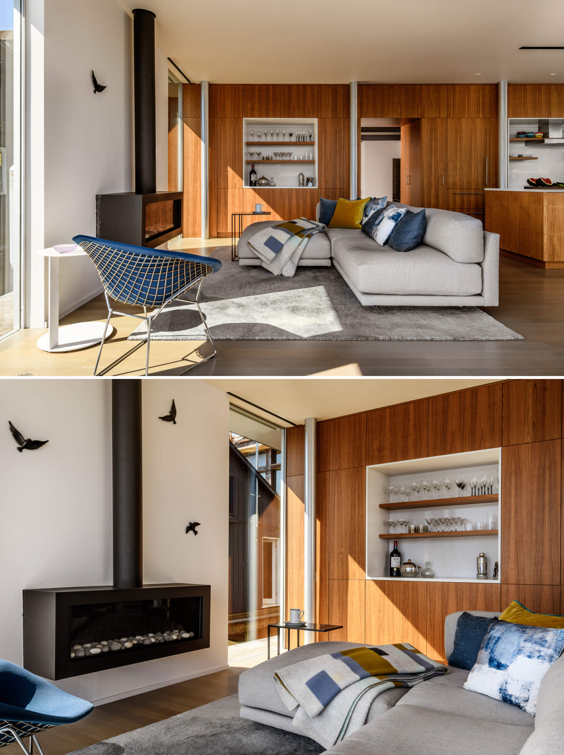 The living area of this float home sits directly on the water’s edge, its glass walls framing uninterrupted lake views. Here, daily life connects seamlessly to the outside world, making the living room a natural gathering place.