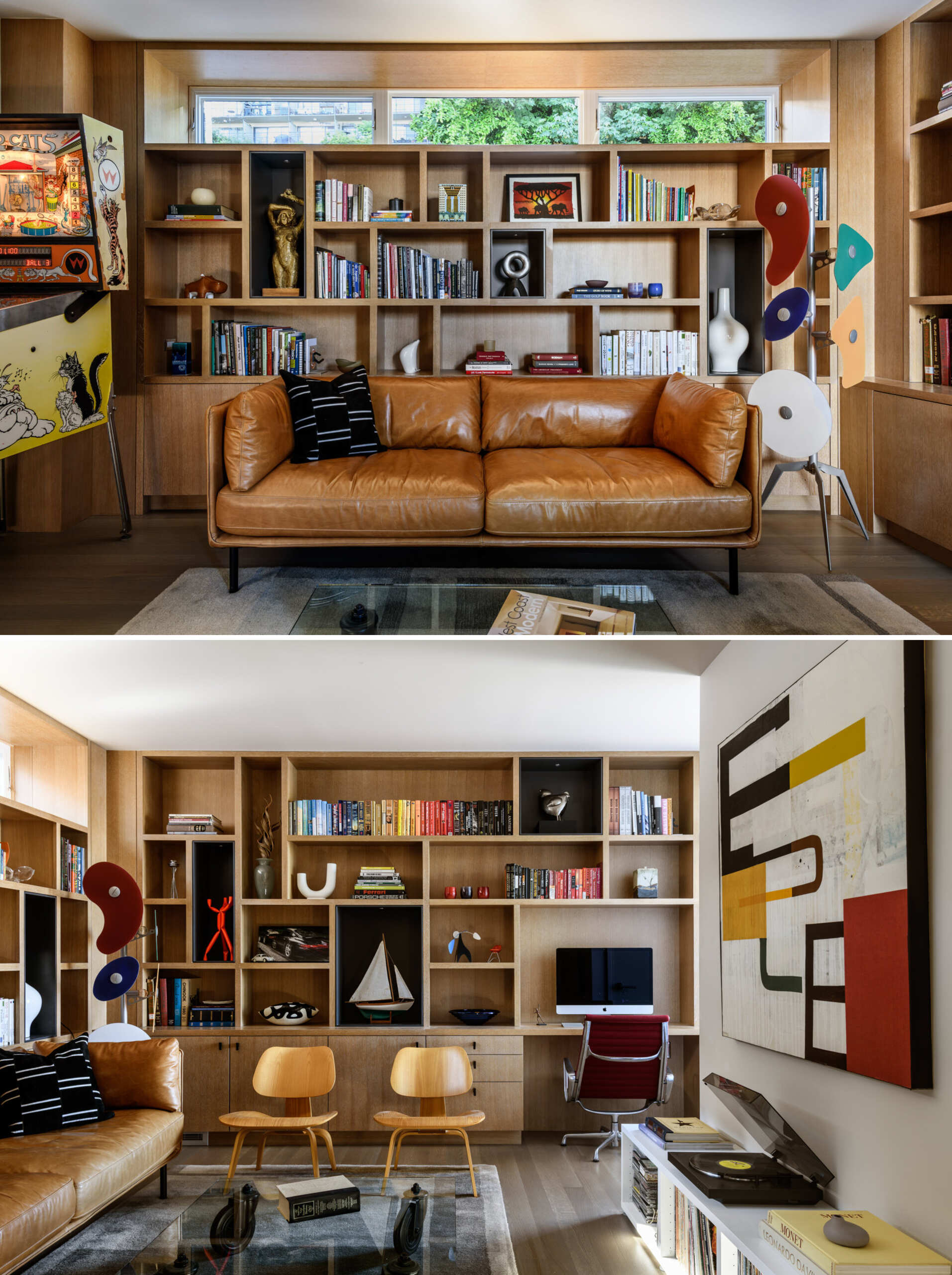 This home library functions as a flexible space. It can remain open as a casual media room or be fully enclosed for a quieter, more focused home office, continuing the theme of adaptable living.