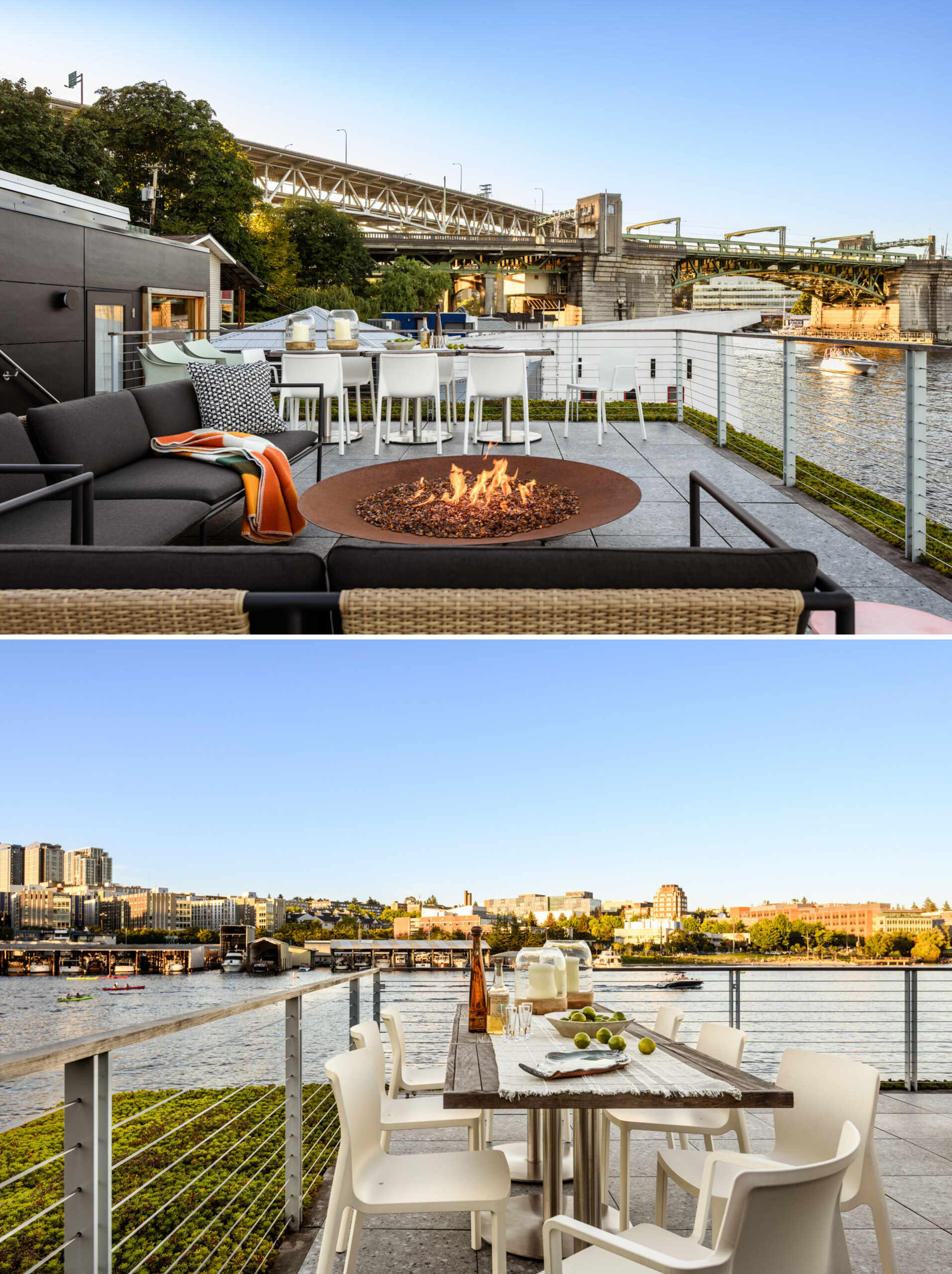 This rooftop deck on a float home expands the living space upward. Set back from the edge, it incorporates a sedum roof that softens the profile and aids in stormwater retention. Modular furniture and a rolling fireplace allow the space to transform for casual evenings or larger gatherings.