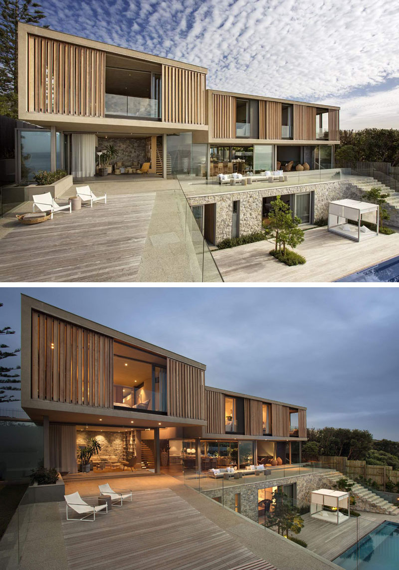 The ocean-facing side opens fully with terraces, lounges, and a rim-flow pool that feels like it floats above the dunes. At night, the home glows like a lantern, with its sculptural staircase softly illuminated.
