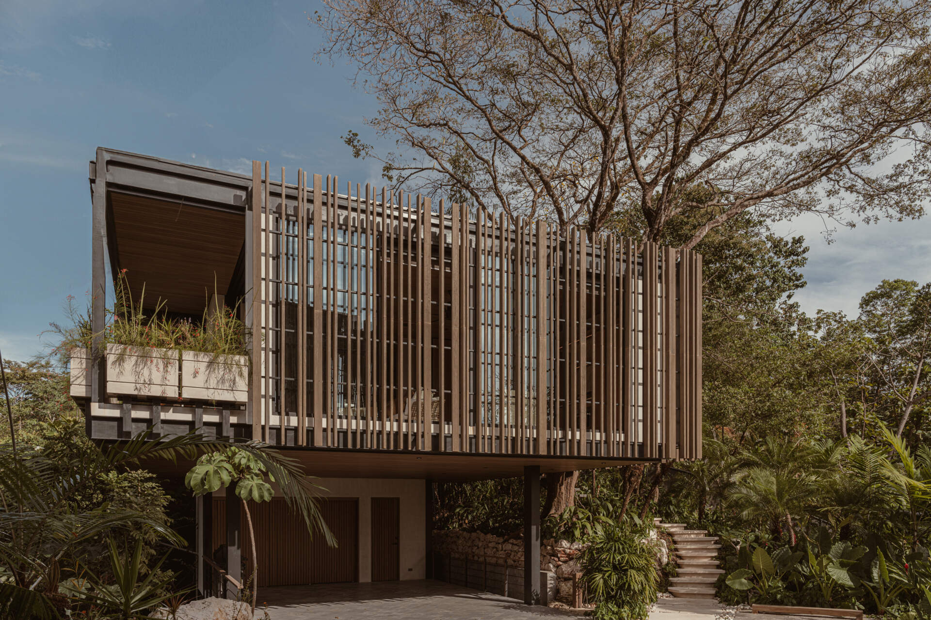 A modern house design with two pavilion-style volumes,  connected by a central vestibule, creates a layout that feels open, grounded, and deeply connected to the jungle canopy.