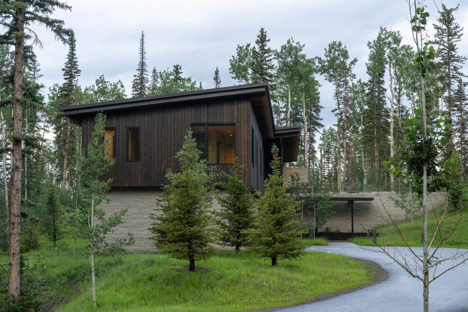Rough sawn cedar, limestone, and steel ground this modern home in its wooded setting.