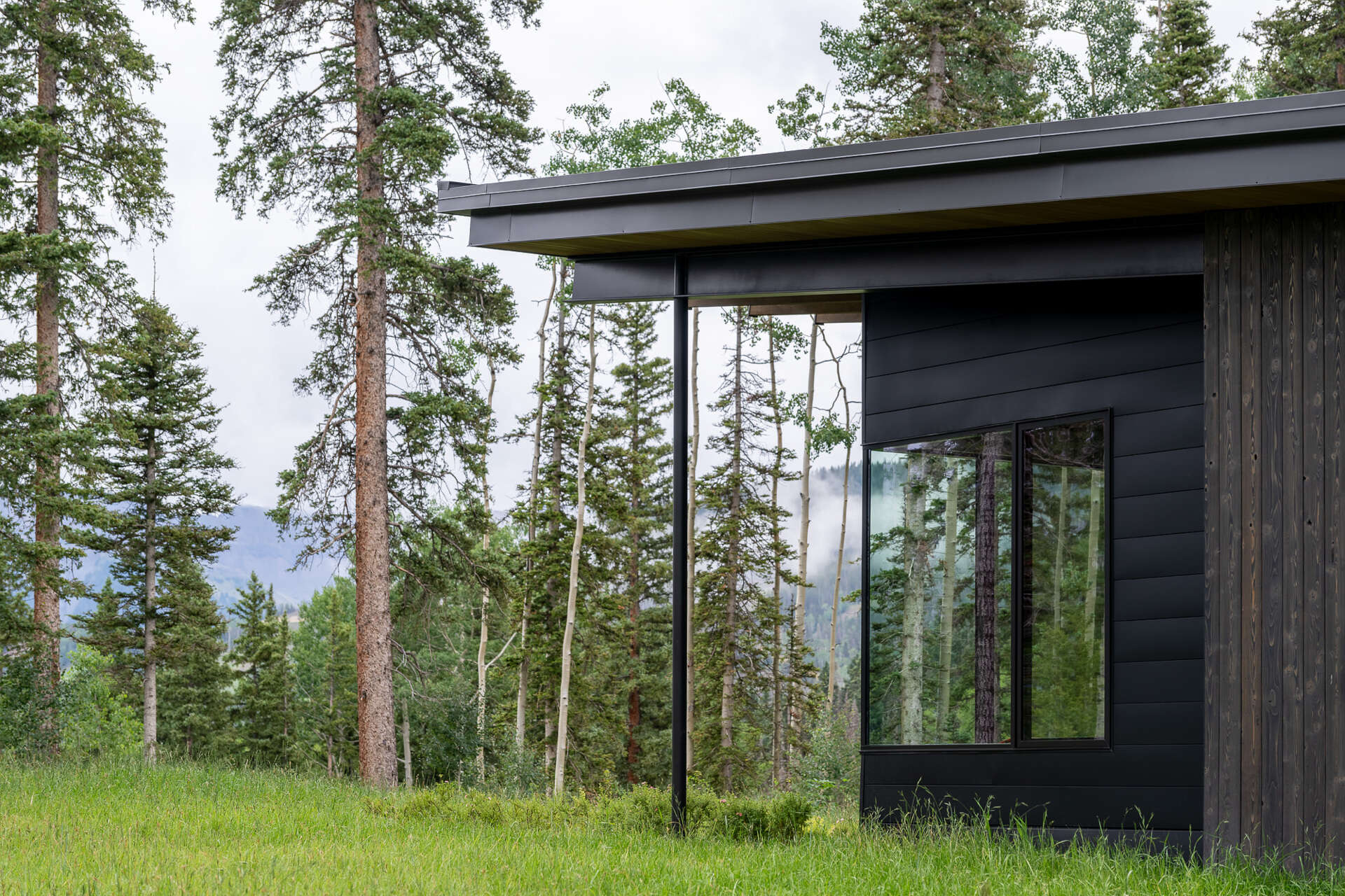 Rough sawn cedar, limestone, and steel ground this modern home in its wooded setting.